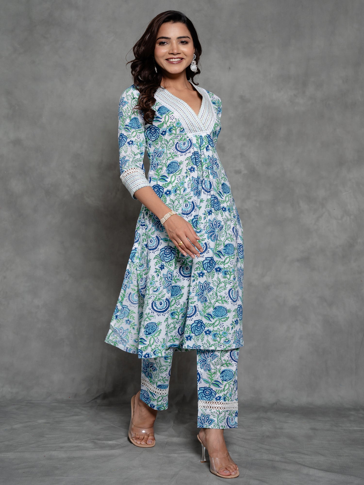 White Handblock Printed Cotton Kurta Set