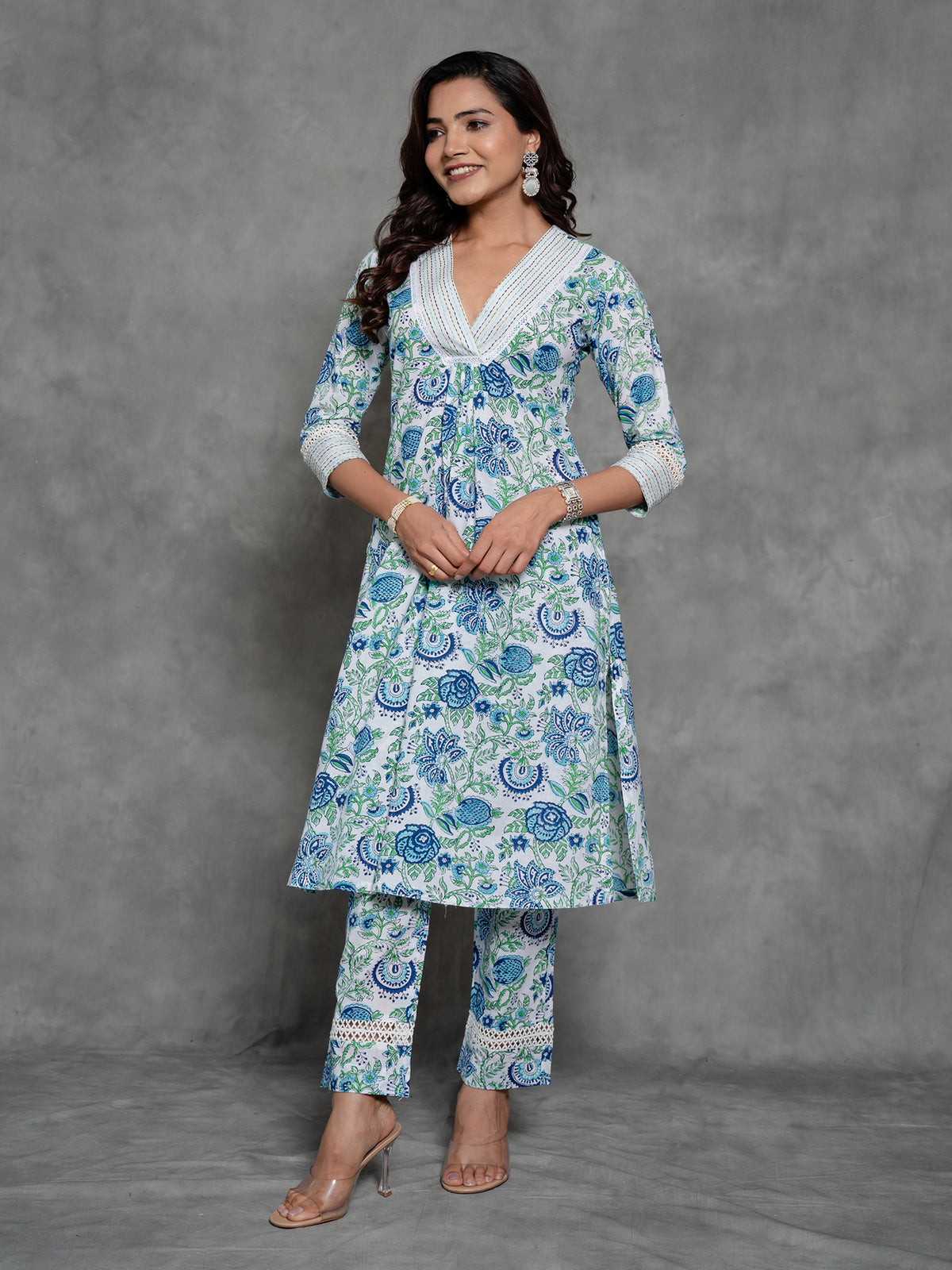 White Handblock Printed Cotton Kurta Set