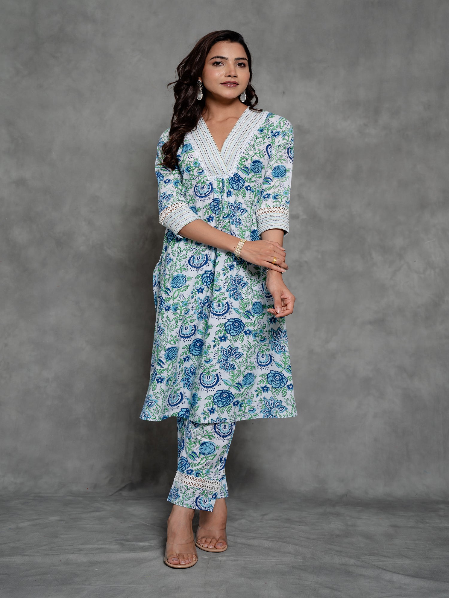 White Handblock Printed Cotton Kurta Set