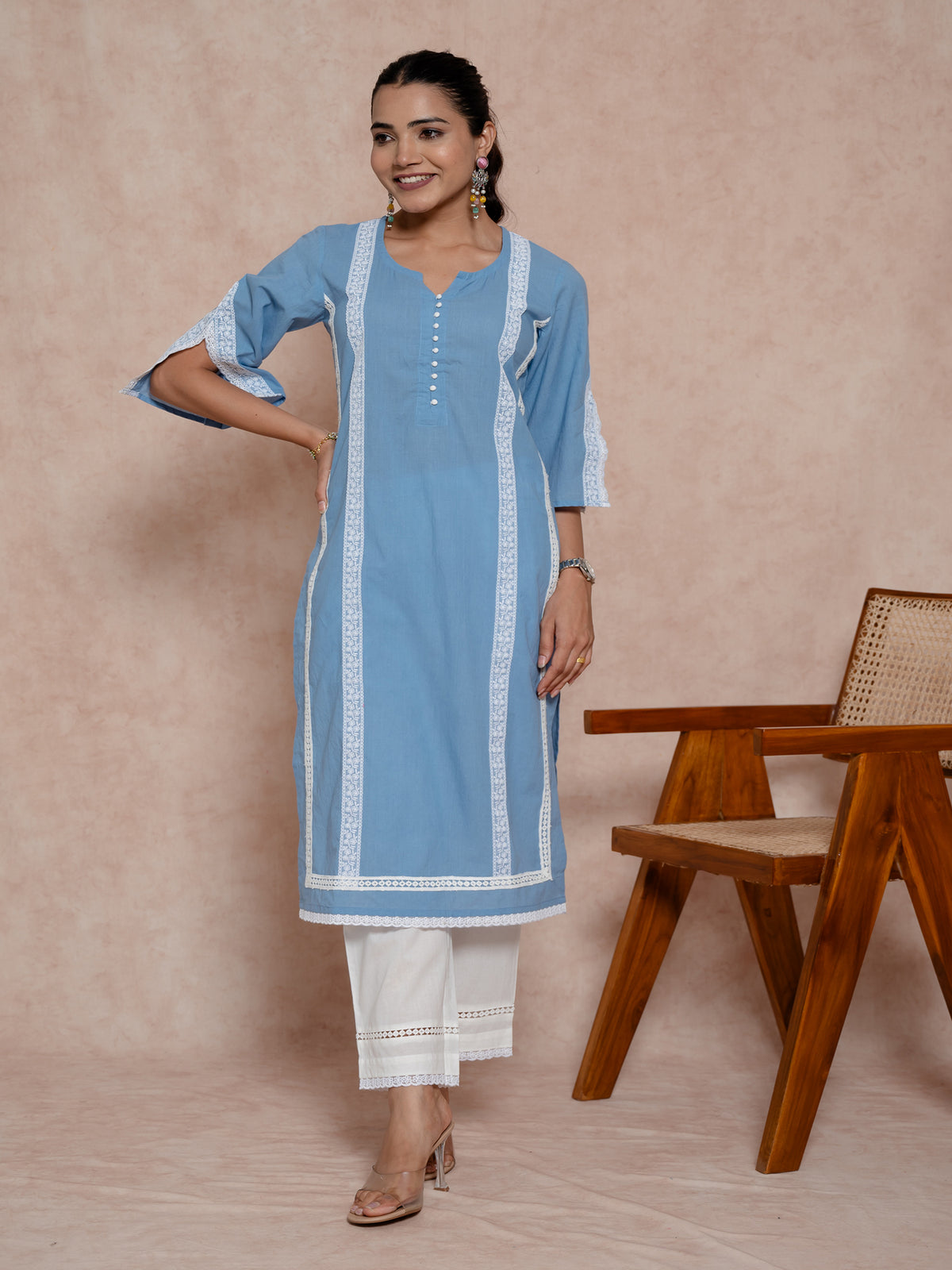 Baby Blue Cotton Straight Cut Kurta Set