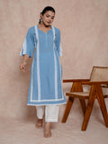 Baby Blue Cotton Straight Cut Kurta Set