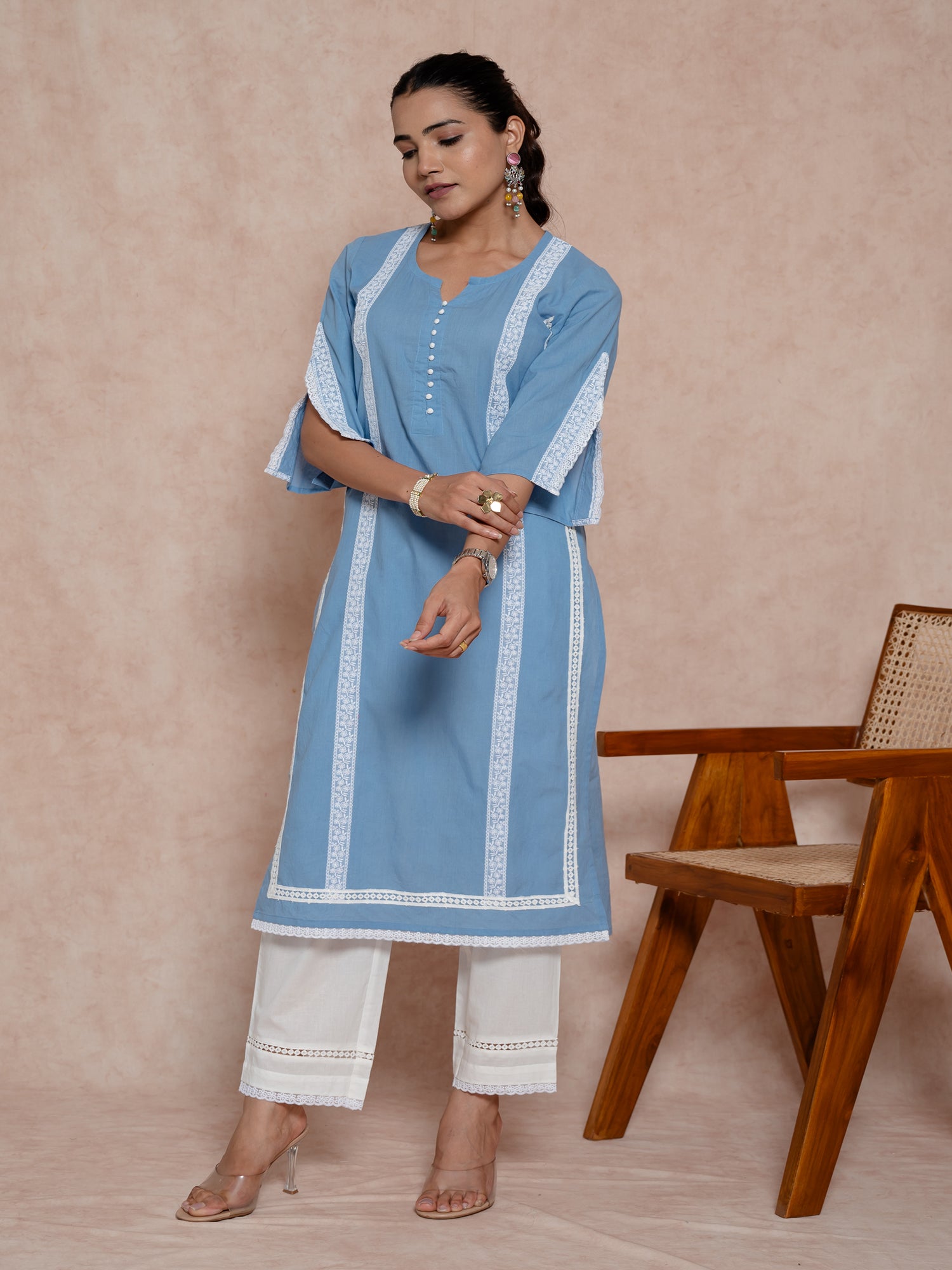 Baby Blue Cotton Straight Cut Kurta Set