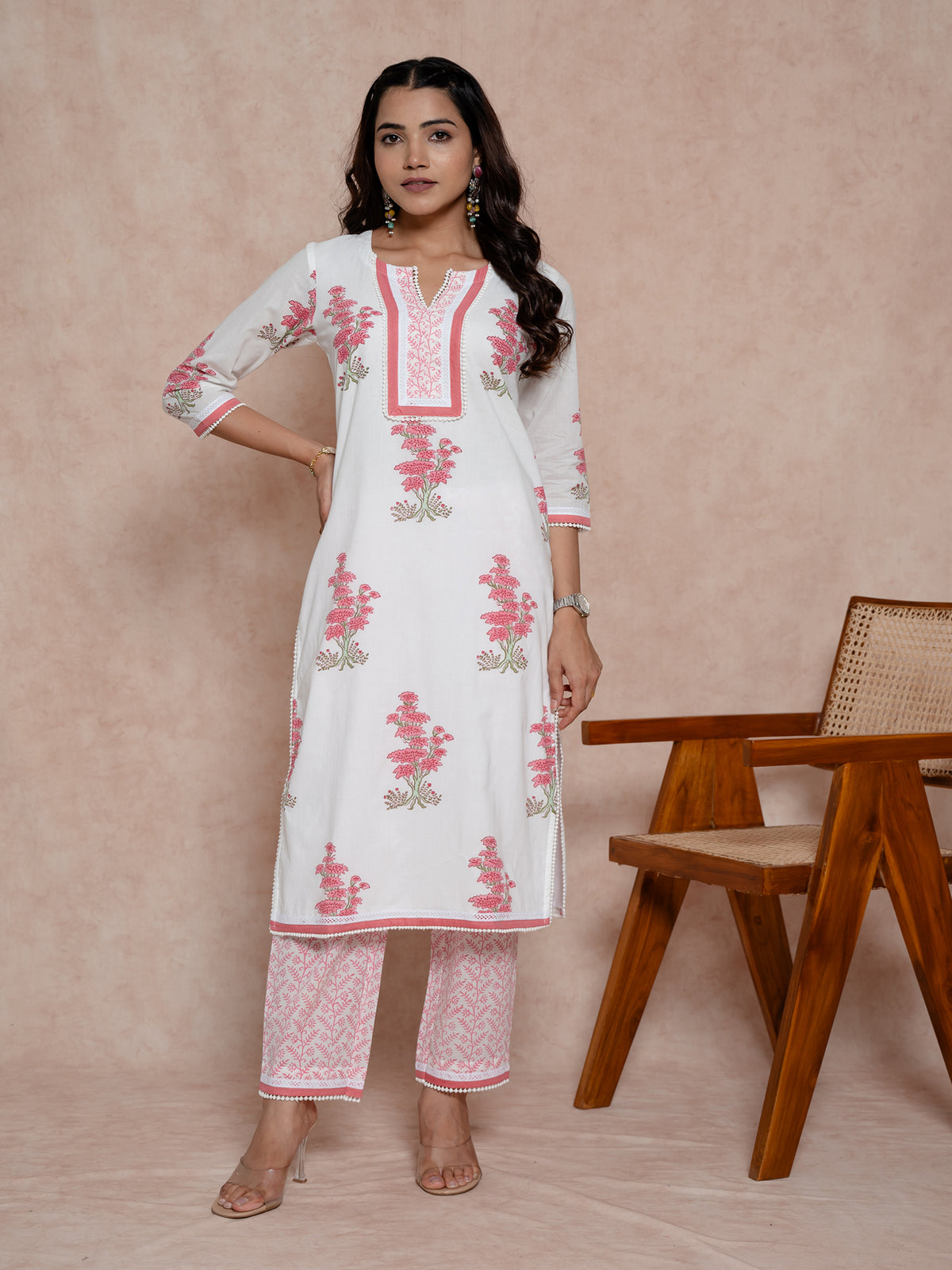 White Handblock Floral Printed Cotton Kurta Set