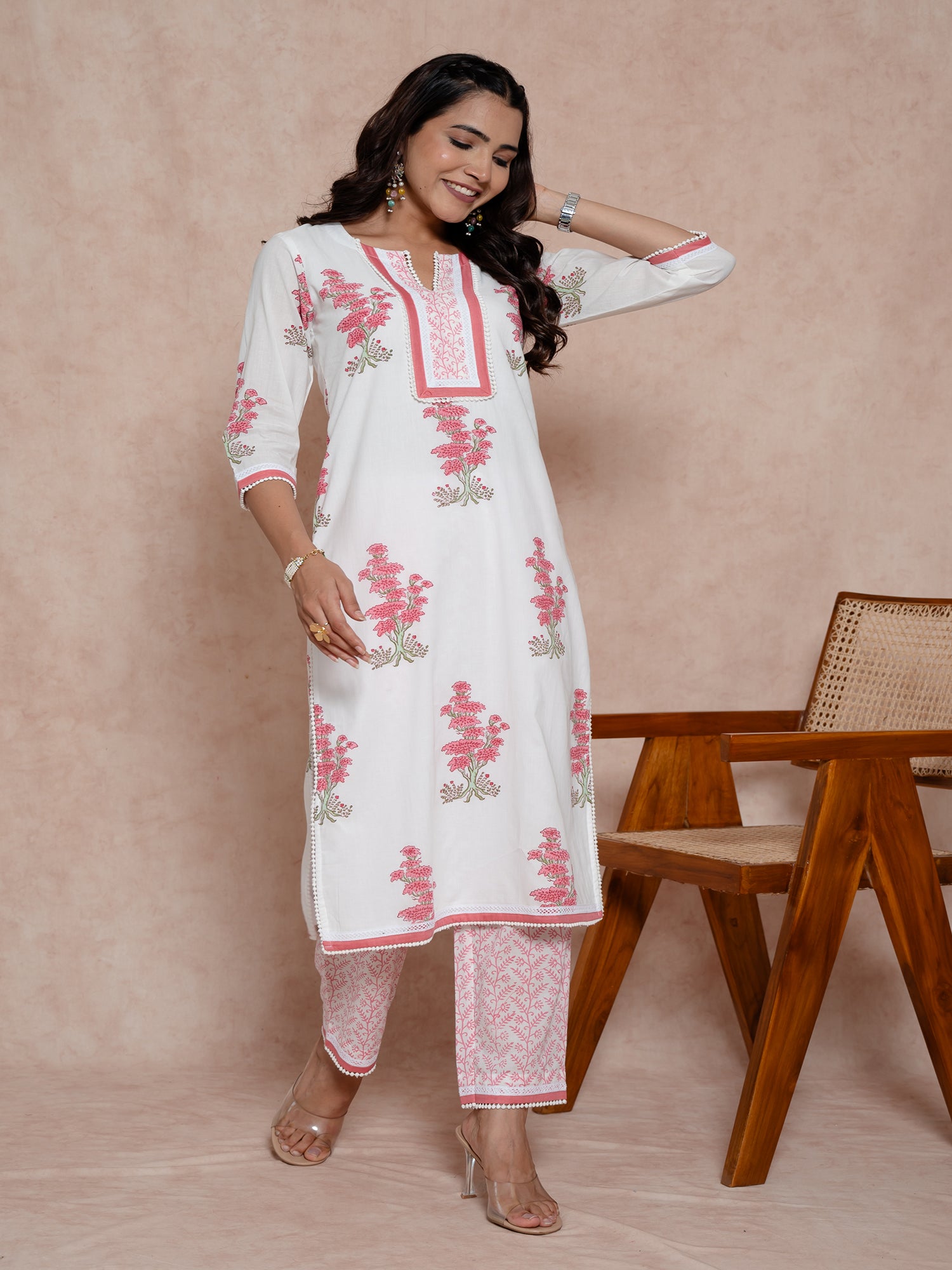 White Handblock Floral Printed Cotton Kurta Set