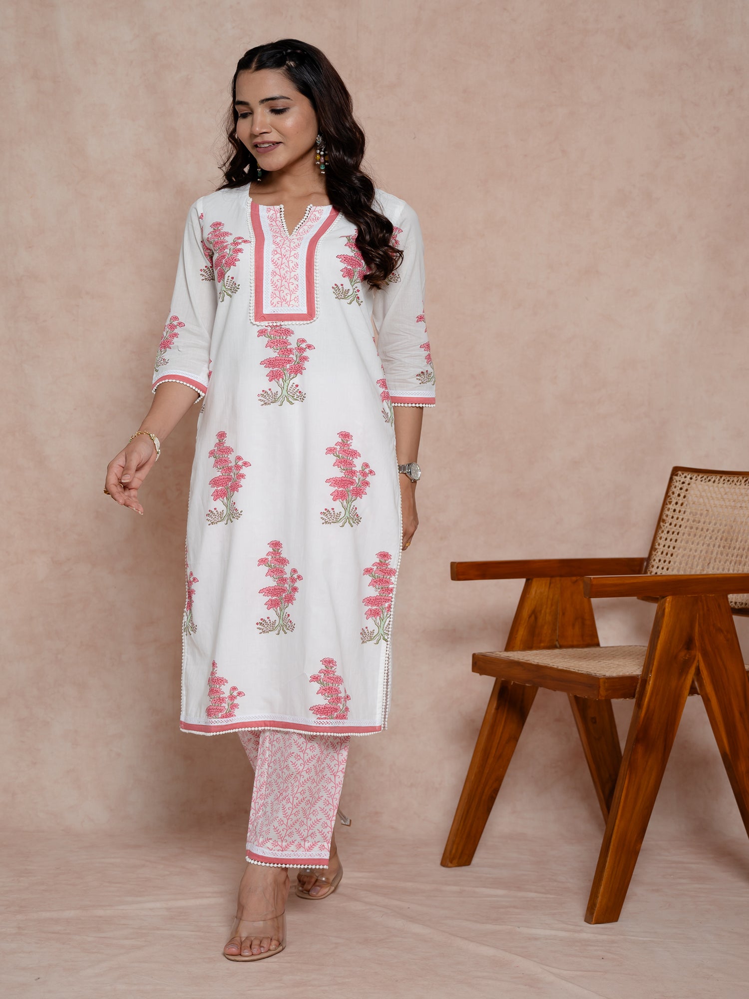 White Handblock Floral Printed Cotton Kurta Set