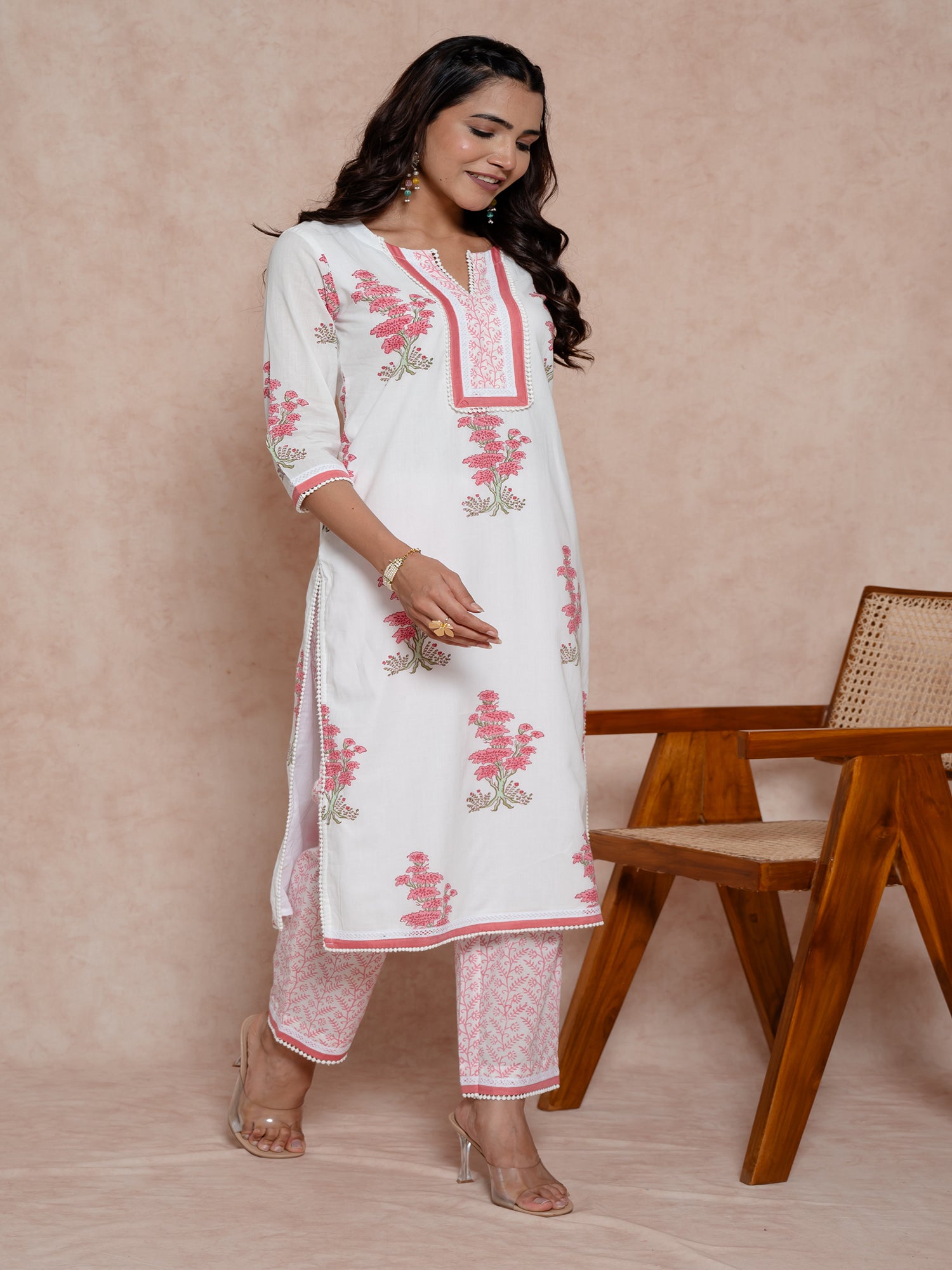 White Handblock Floral Printed Cotton Kurta Set