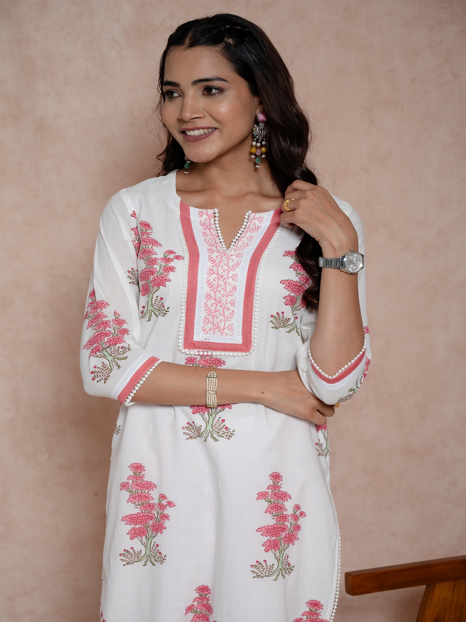 White Handblock Floral Printed Cotton Kurta Set