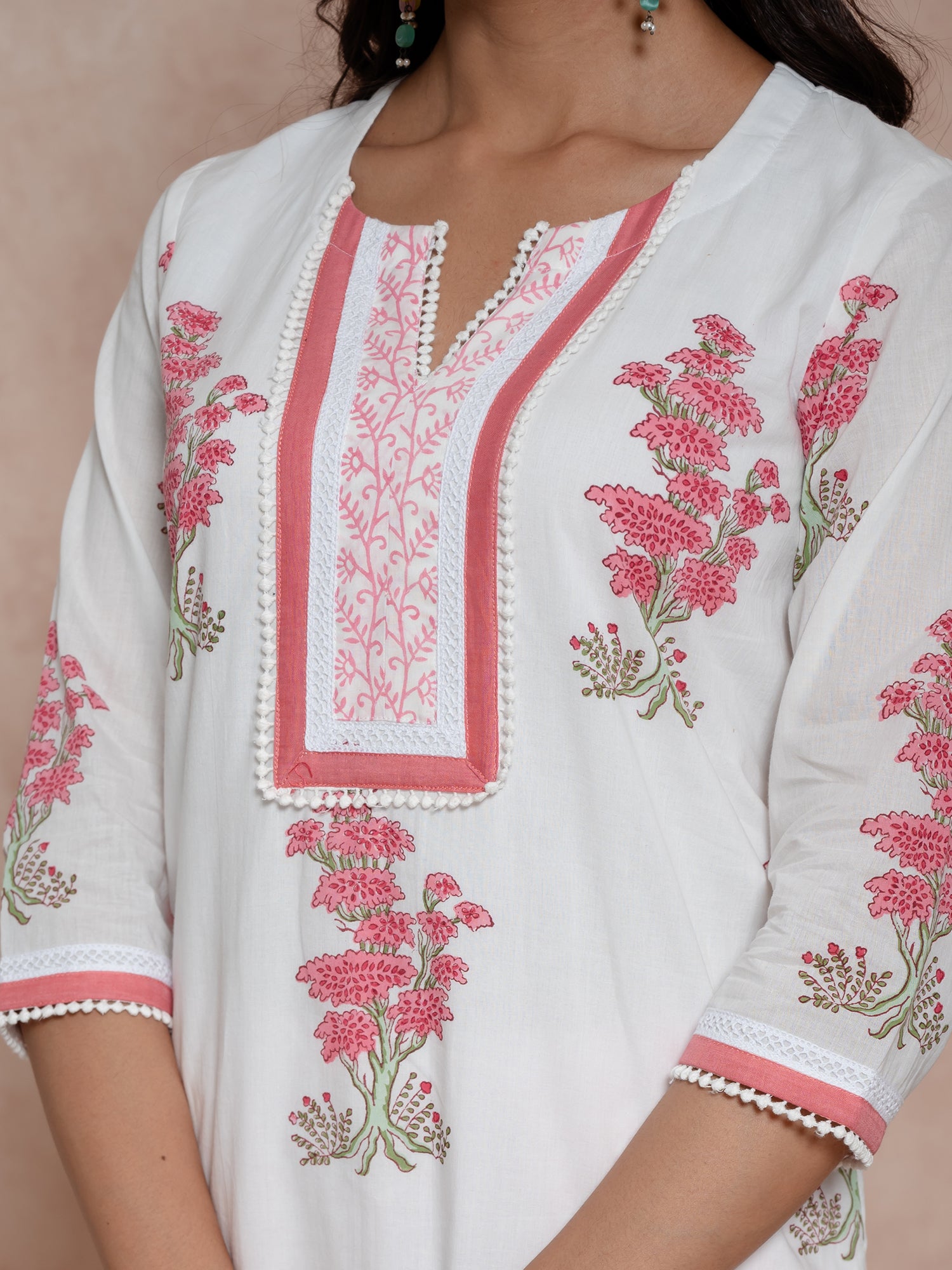 White Handblock Floral Printed Cotton Kurta Set