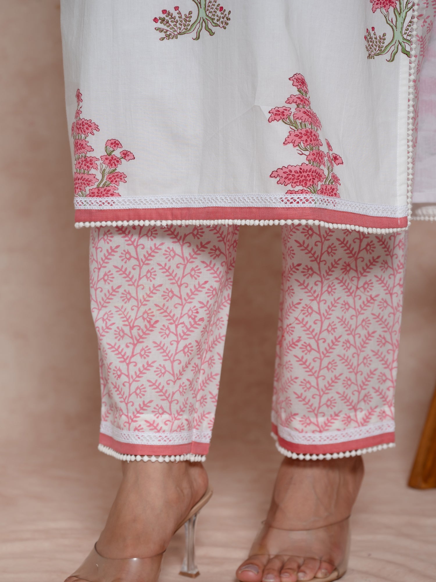 White Handblock Floral Printed Cotton Kurta Set