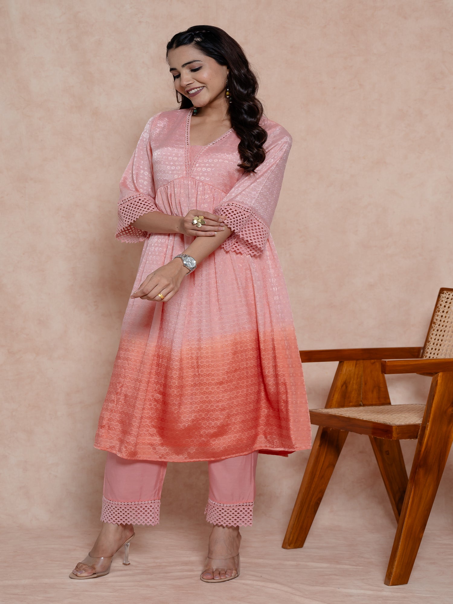 Peach Ombre Tie-Dye Enhanced Kurta Set