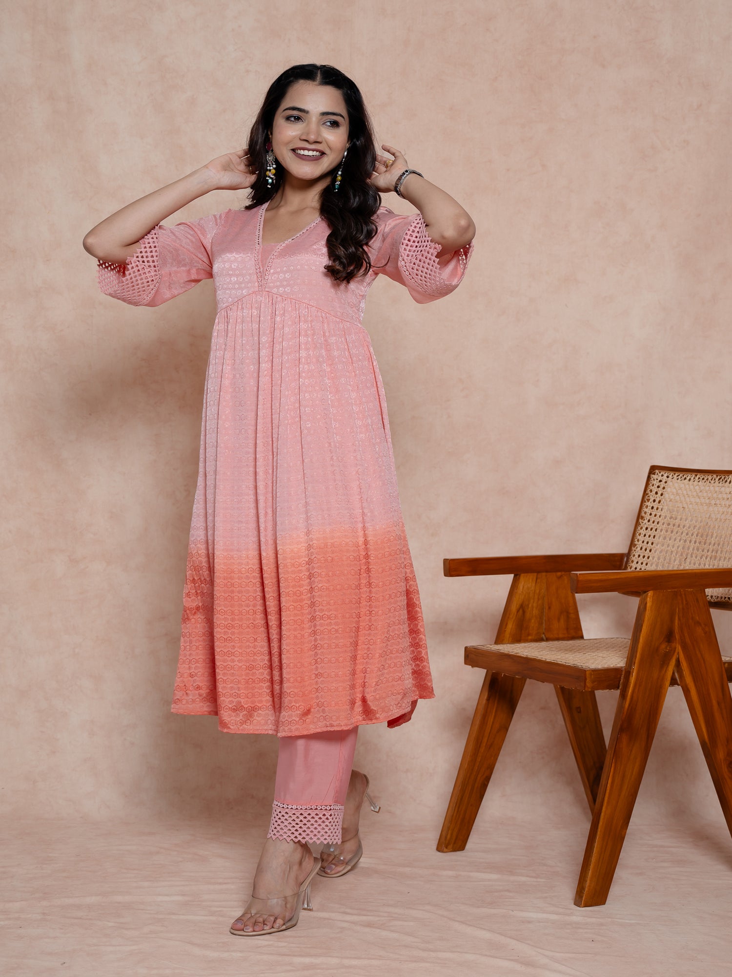 Peach Ombre Tie-Dye Enhanced Kurta Set