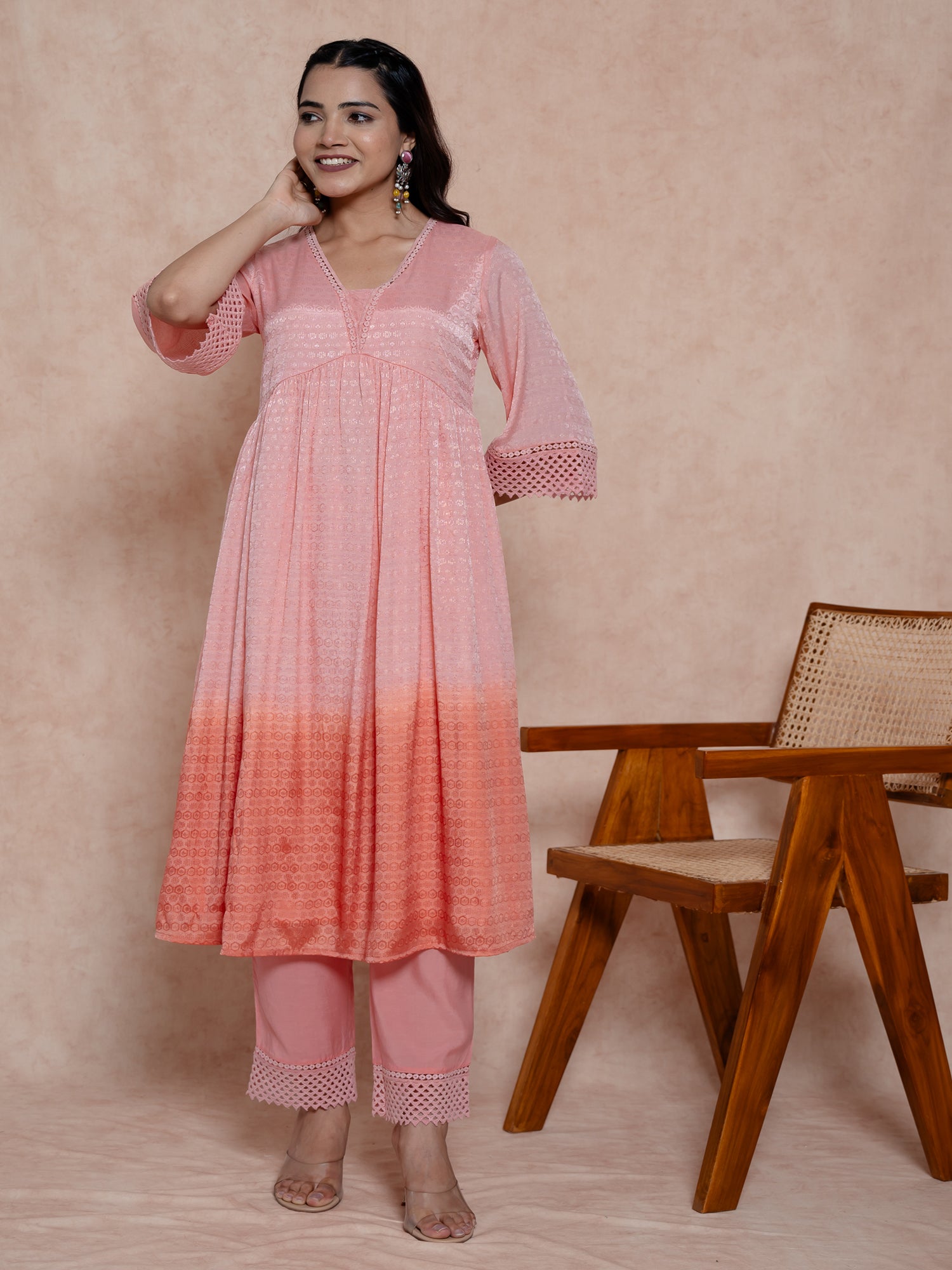 Peach Ombre Tie-Dye Enhanced Kurta Set