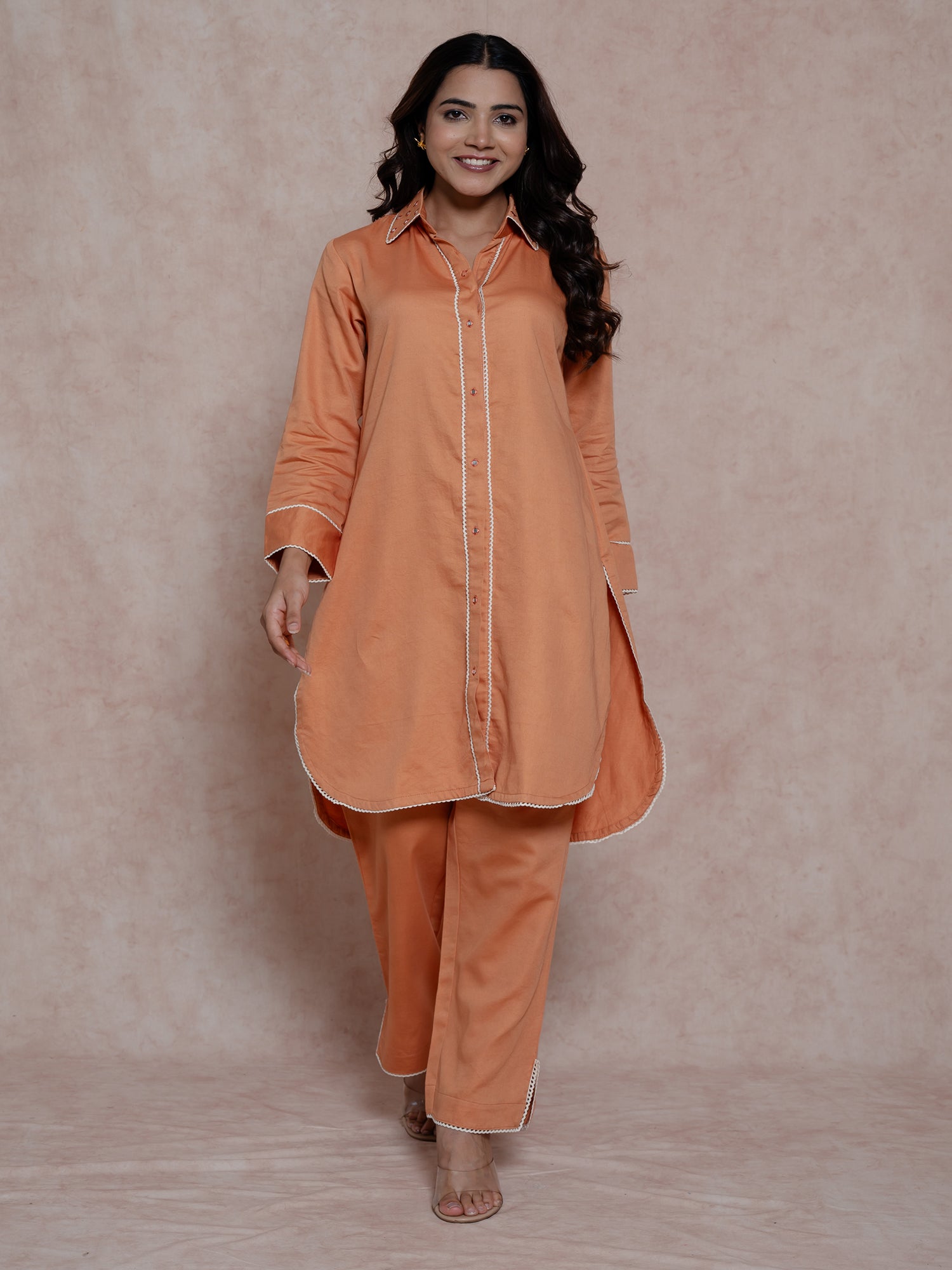 Coral Orange Kurta Set With Collared Neck