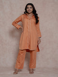 Coral Orange Kurta Set With Collared Neck