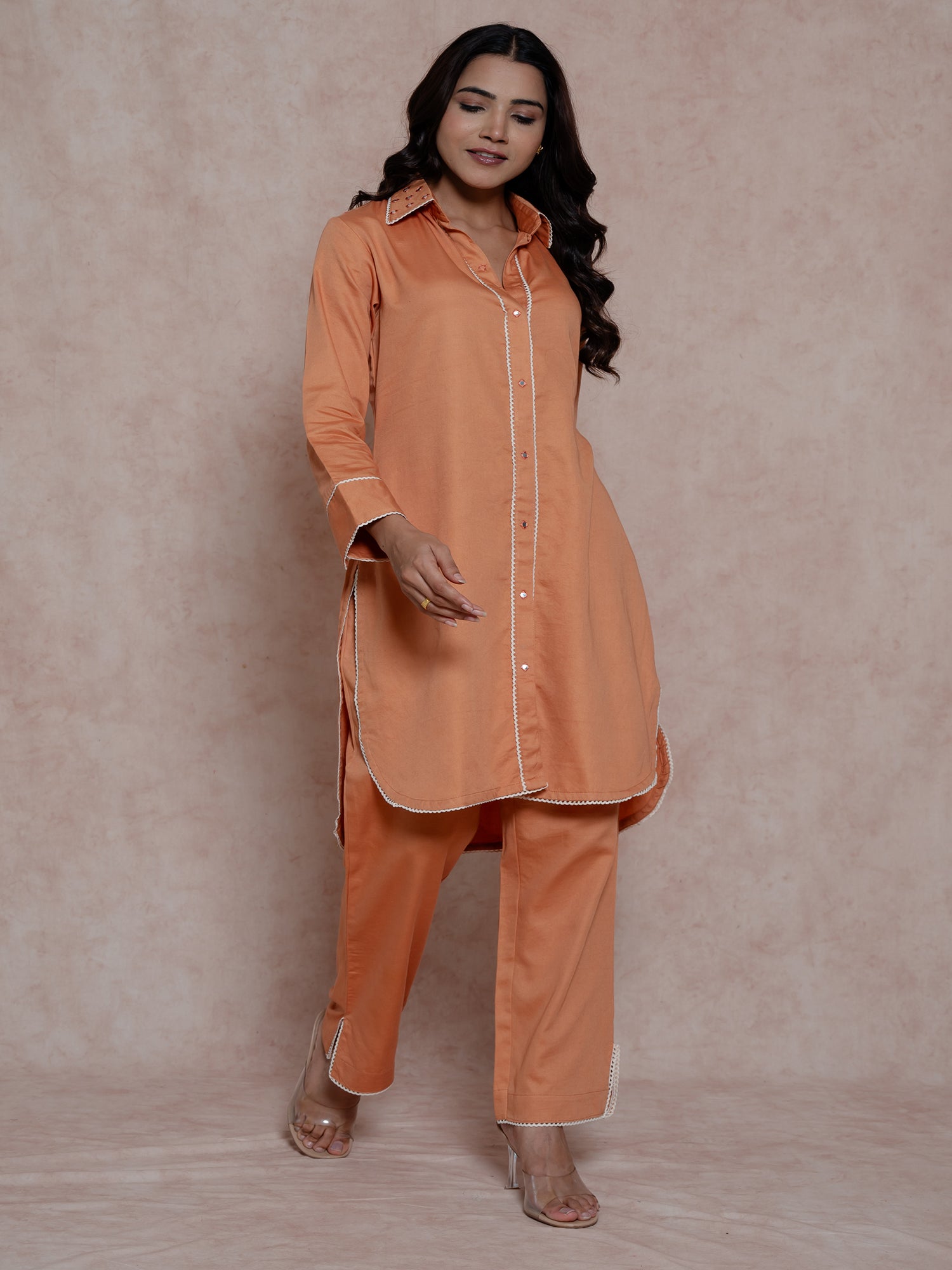 Coral Orange Kurta Set With Collared Neck