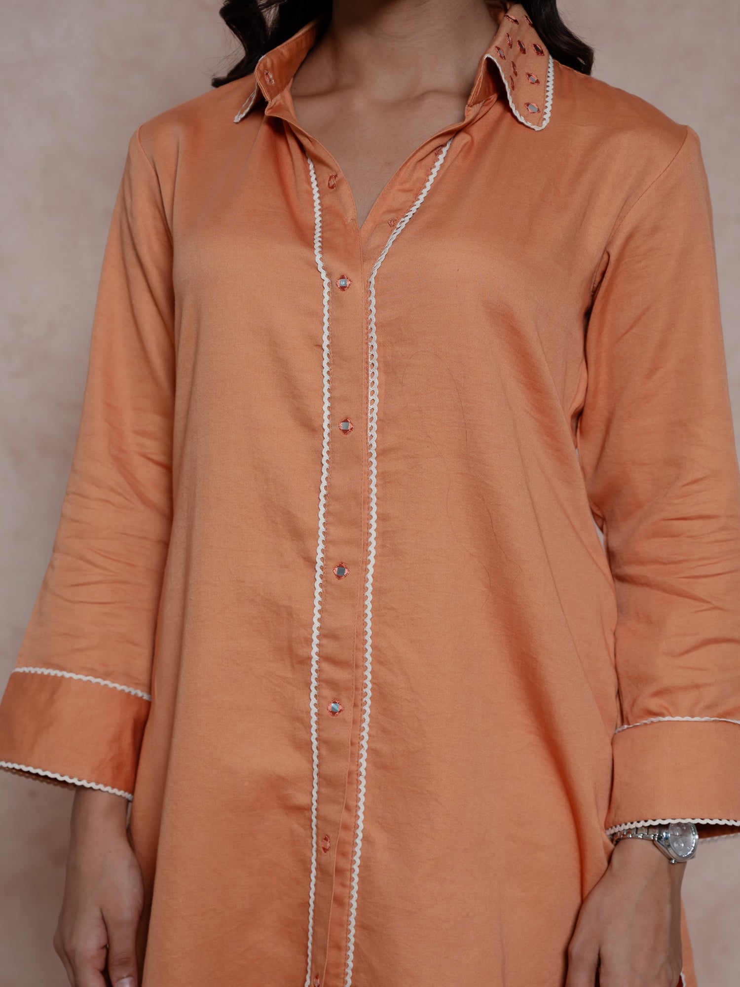 Coral Orange Kurta Set With Collared Neck