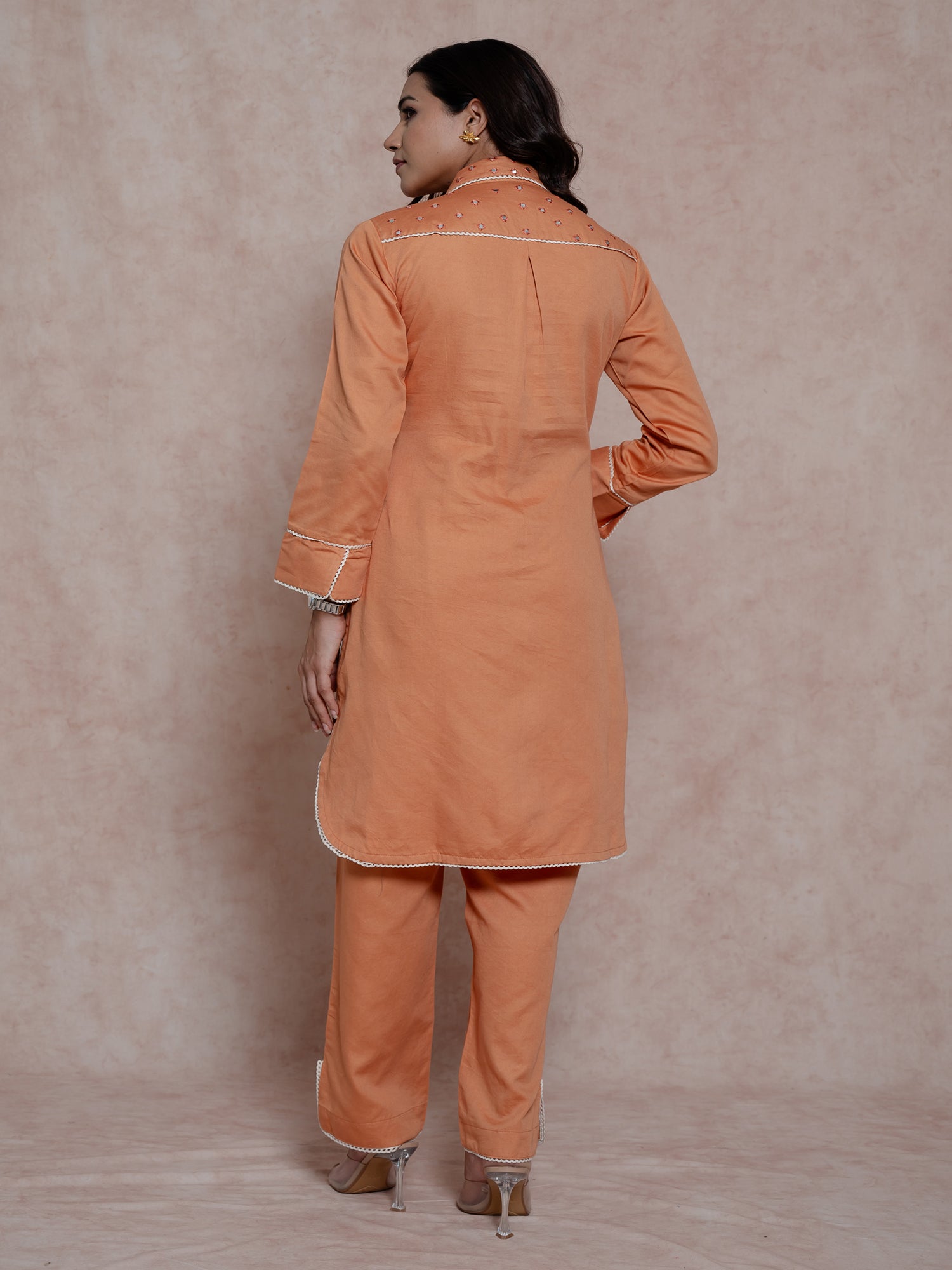 Coral Orange Kurta Set With Collared Neck