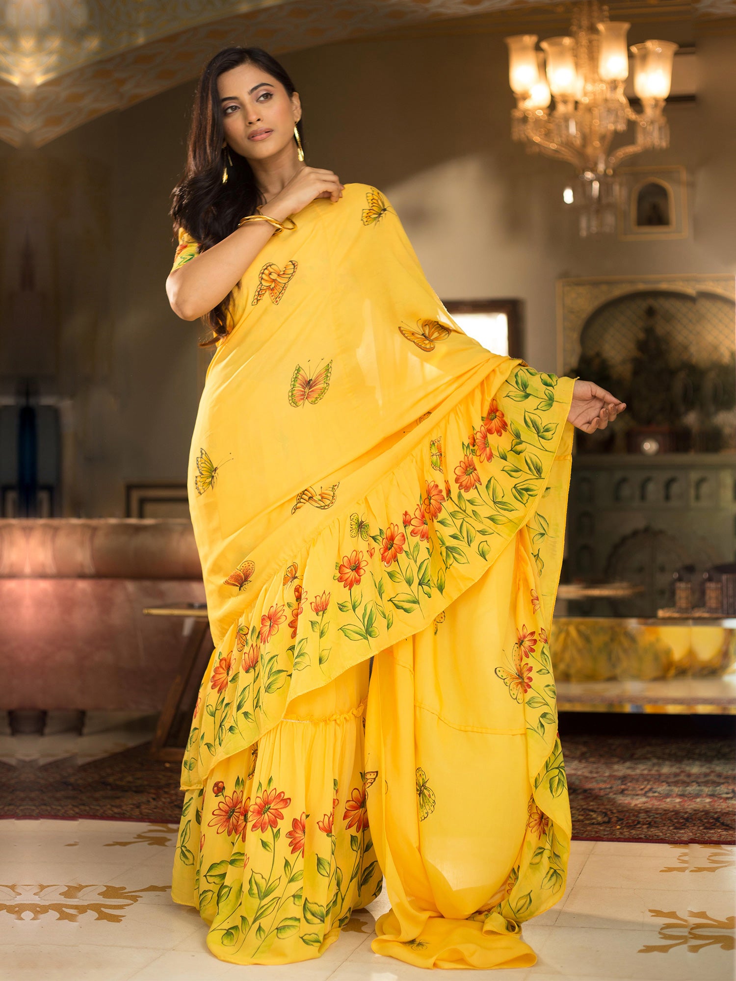 Yellow Handpainted Muslin Silk Draped Saree