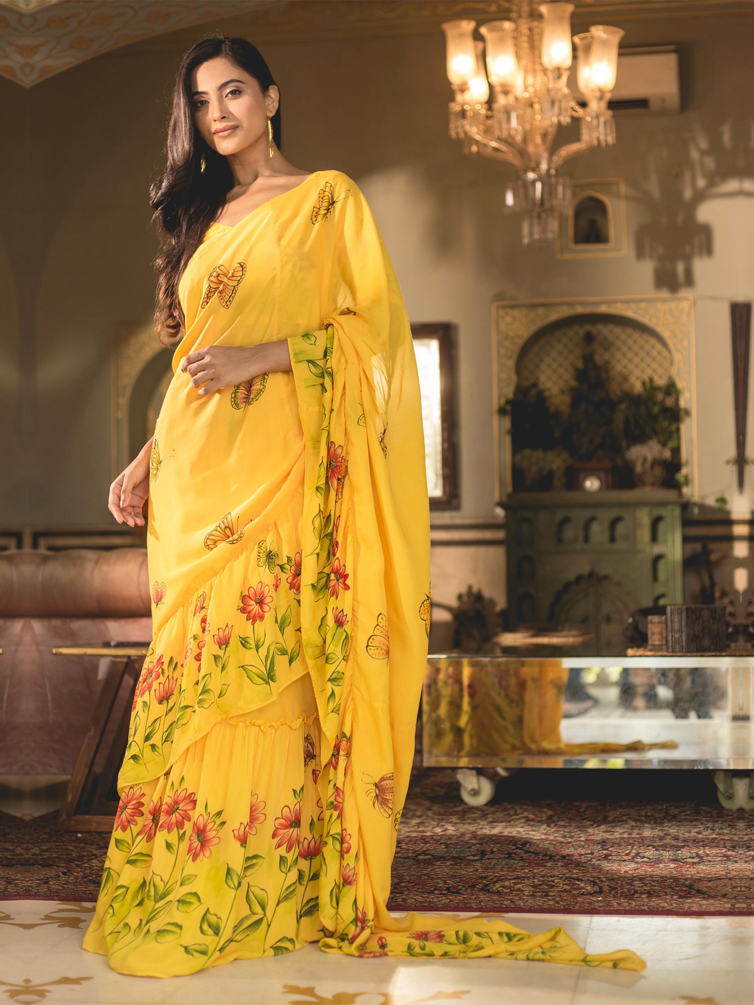 Yellow Handpainted Muslin Silk Draped Saree