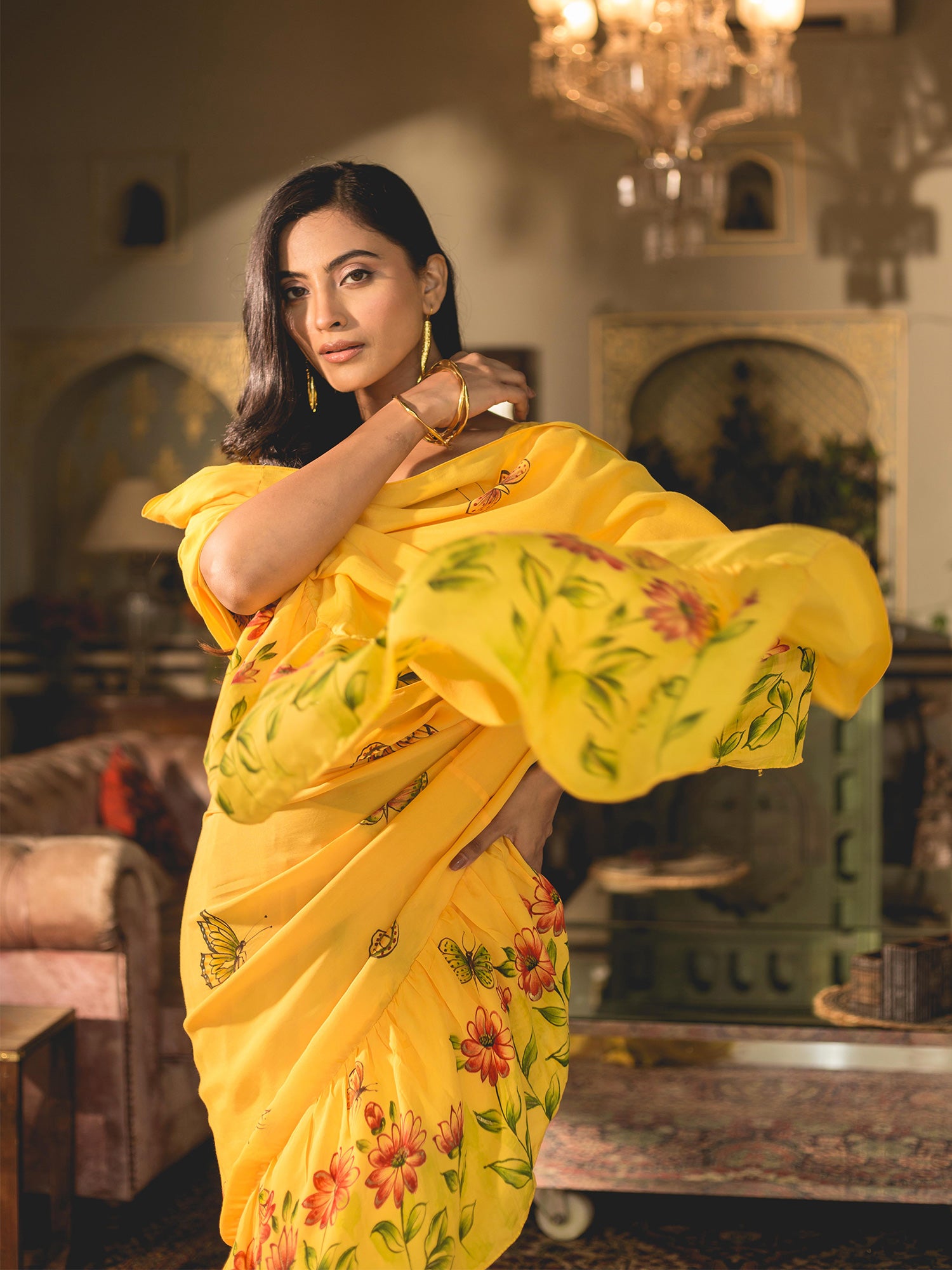 Yellow Handpainted Muslin Silk Draped Saree