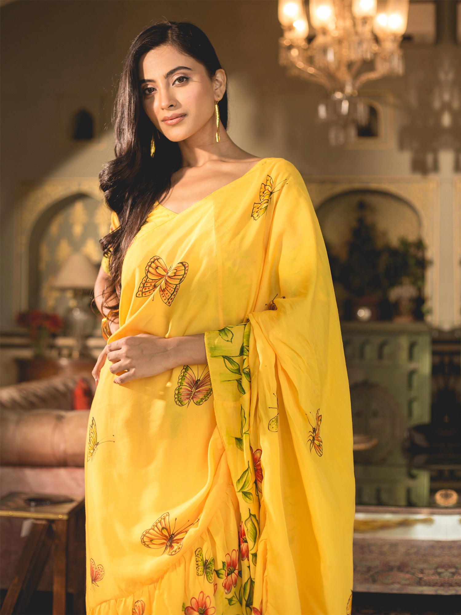 Yellow Handpainted Muslin Silk Draped Saree