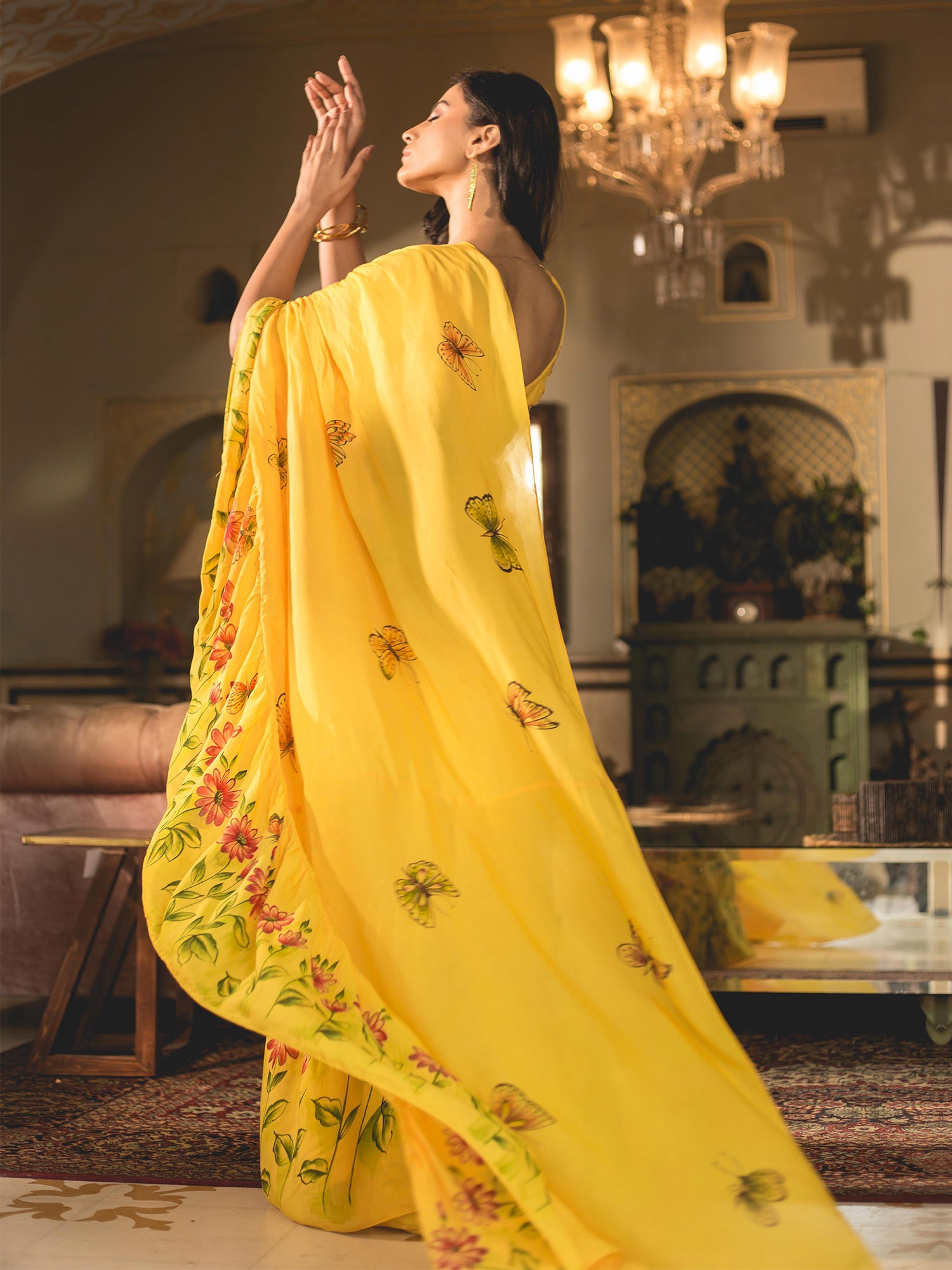 Yellow Handpainted Muslin Silk Draped Saree