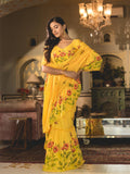 Yellow Handpainted Muslin Silk Draped Saree