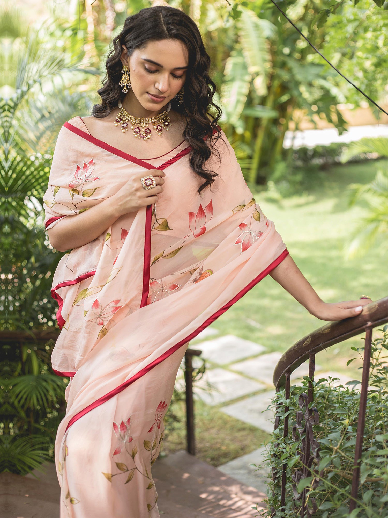 Peach Gota Work Handpainted Organza Saree