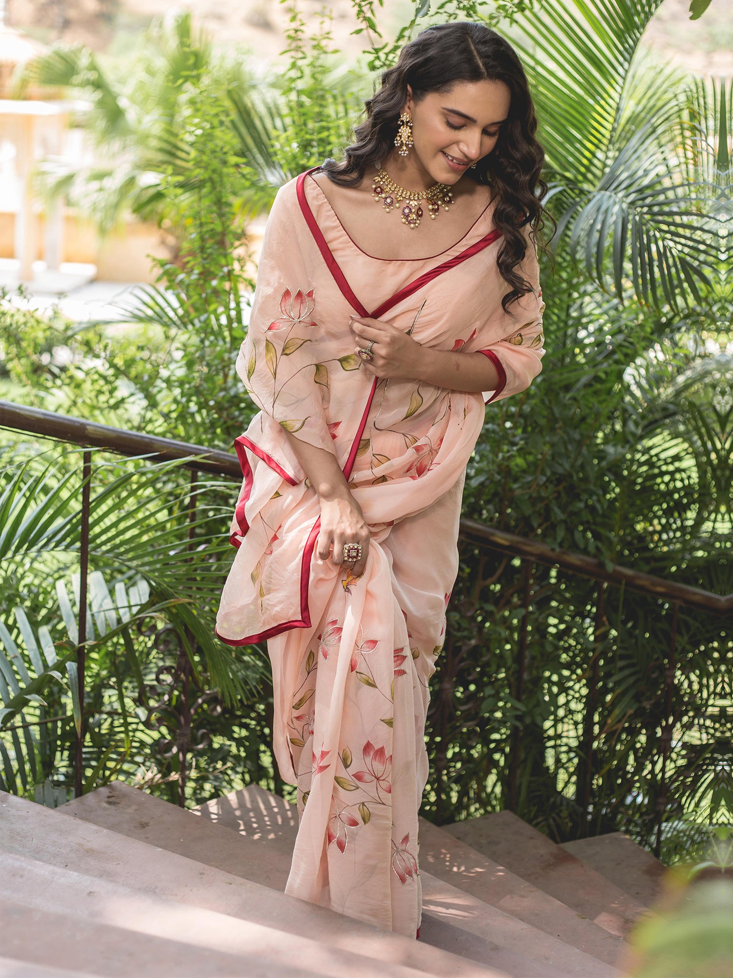 Peach Gota Work Handpainted Organza Saree