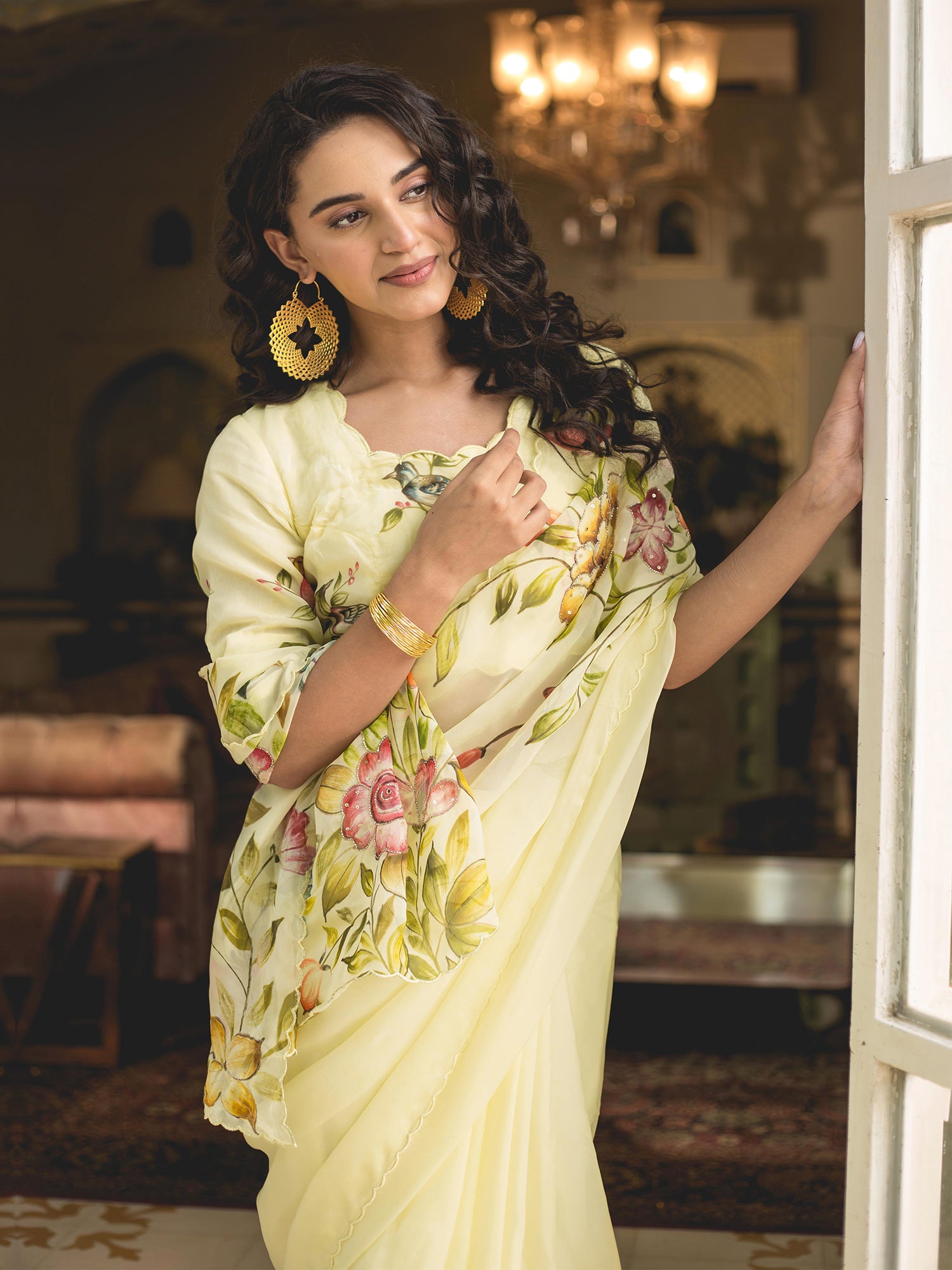 Floral Handpainted Lime Yellow Organza Saree