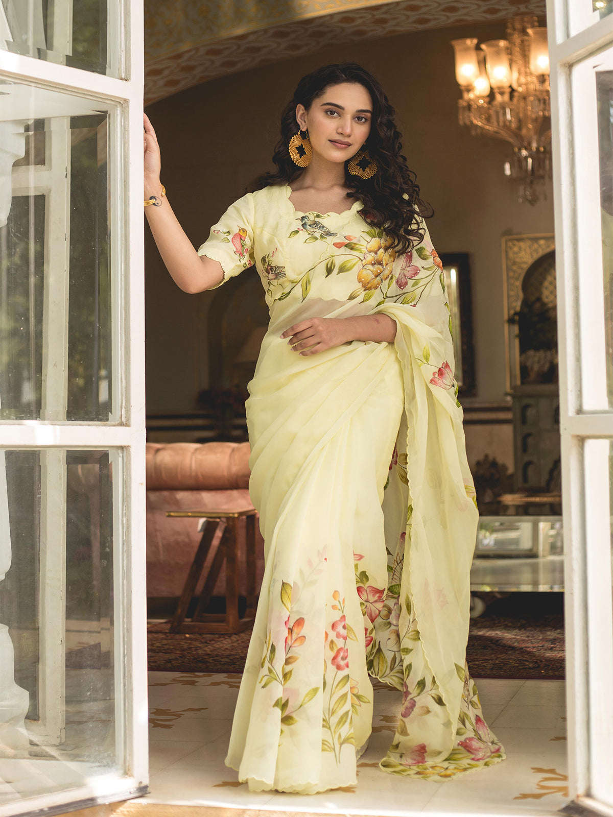 Floral Handpainted Lime Yellow Organza Saree