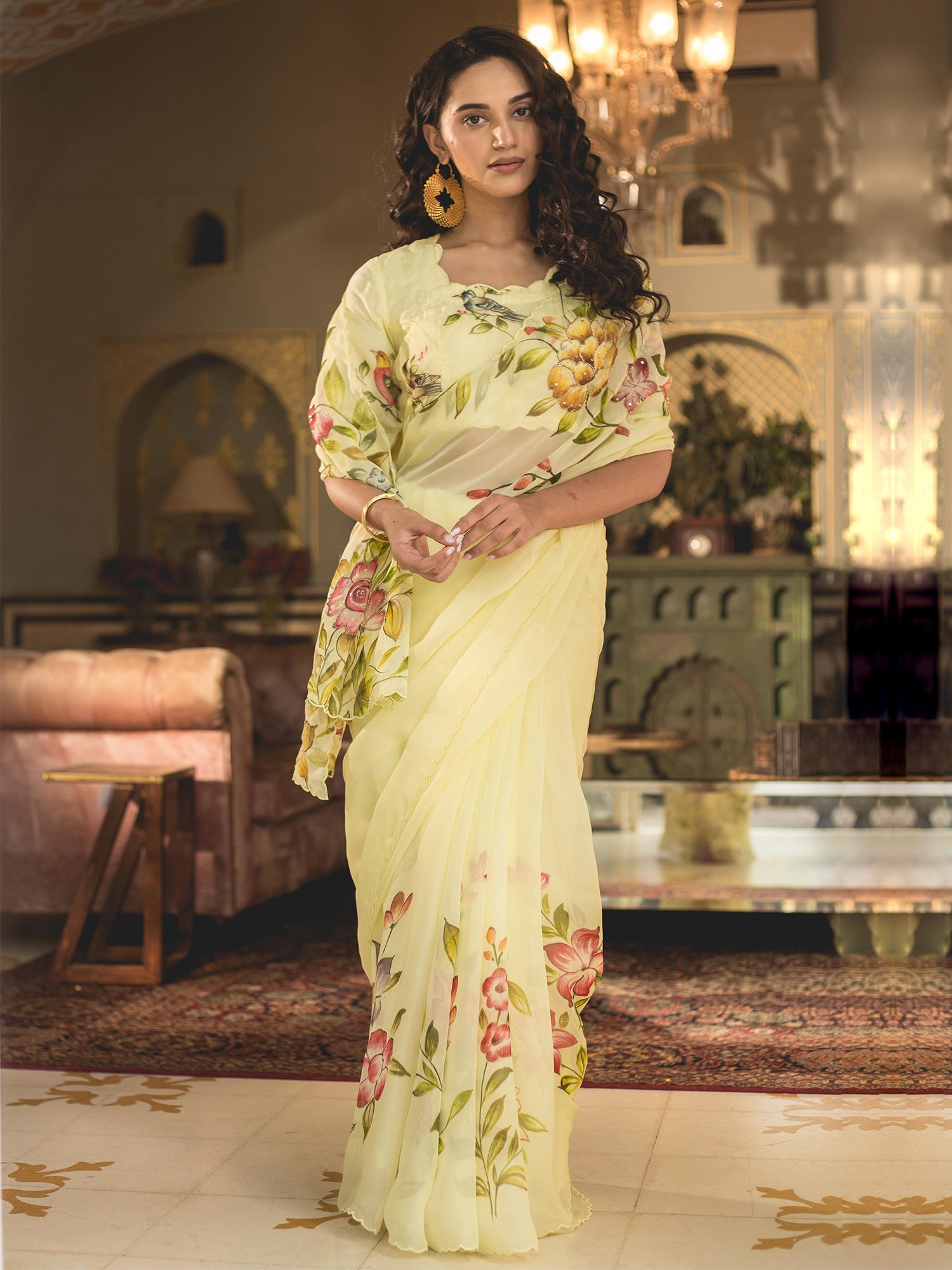 Floral Handpainted Lime Yellow Organza Saree