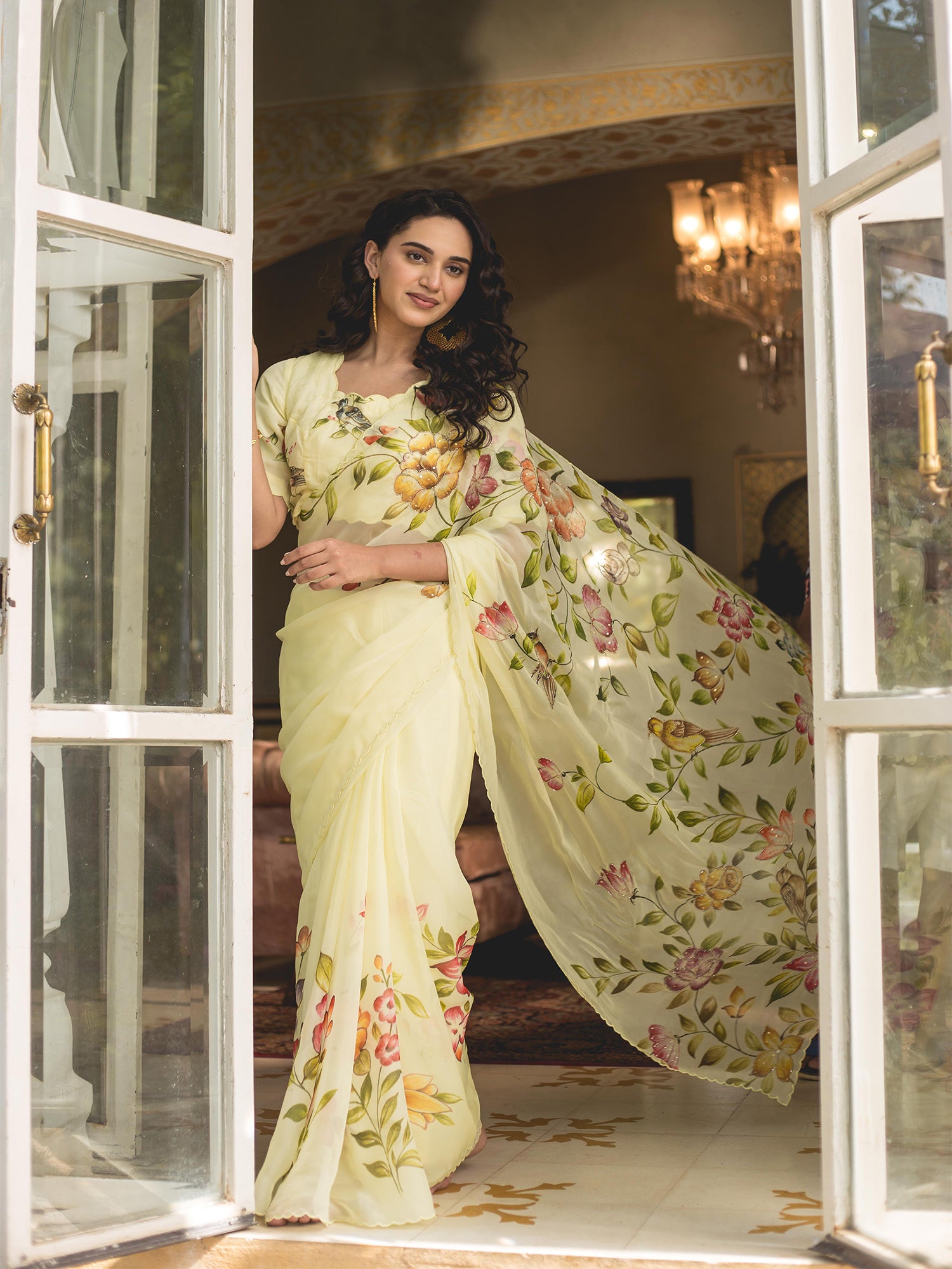 Floral Handpainted Lime Yellow Organza Saree