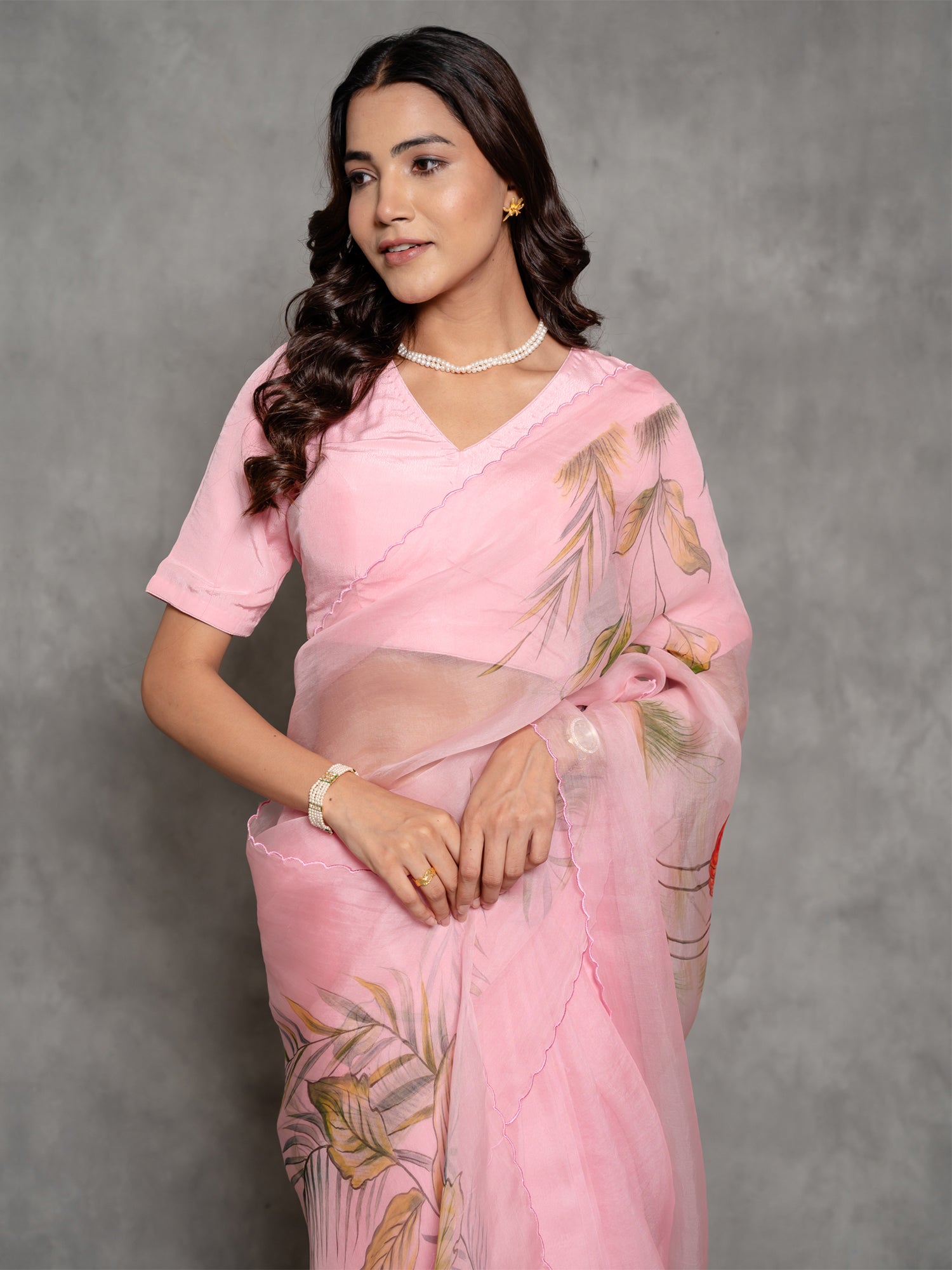 Baby Pink Handpainted Enriched Organza Saree