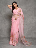 Baby Pink Handpainted Enriched Organza Saree