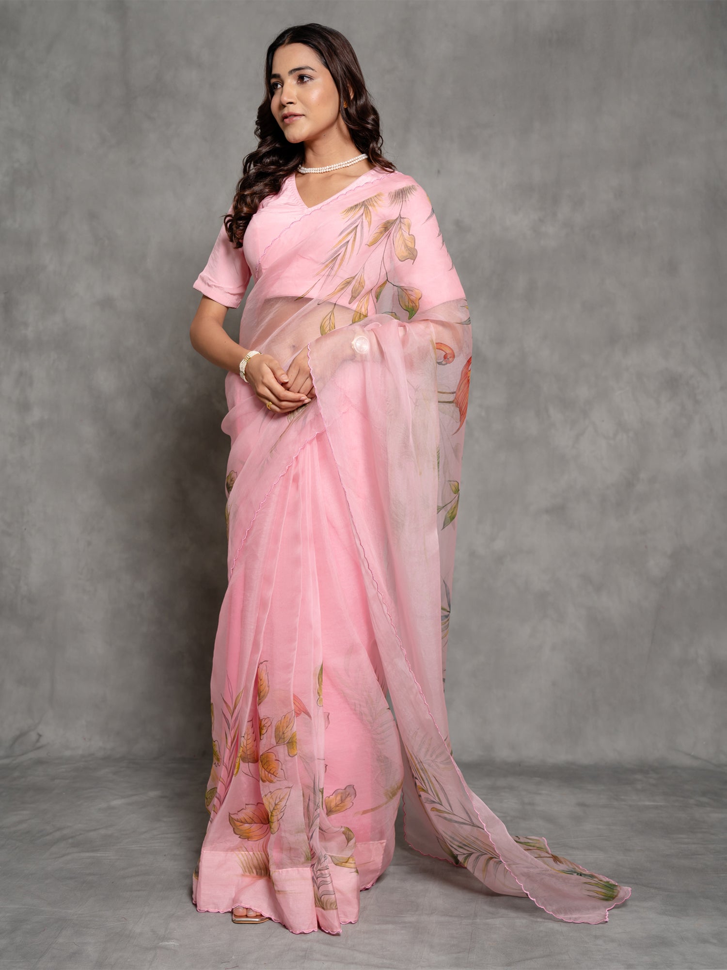 Baby Pink Handpainted Enriched Organza Saree