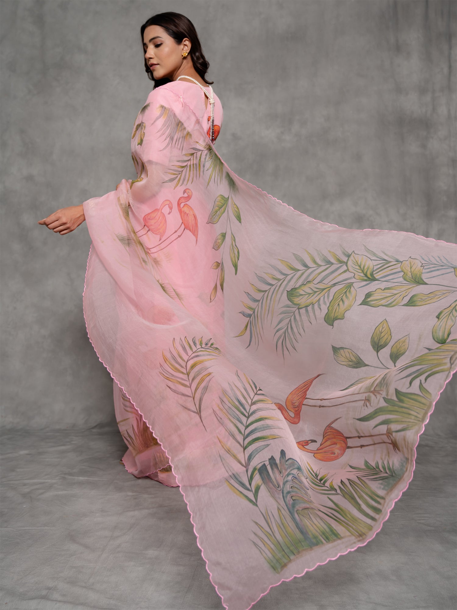 Baby Pink Handpainted Enriched Organza Saree