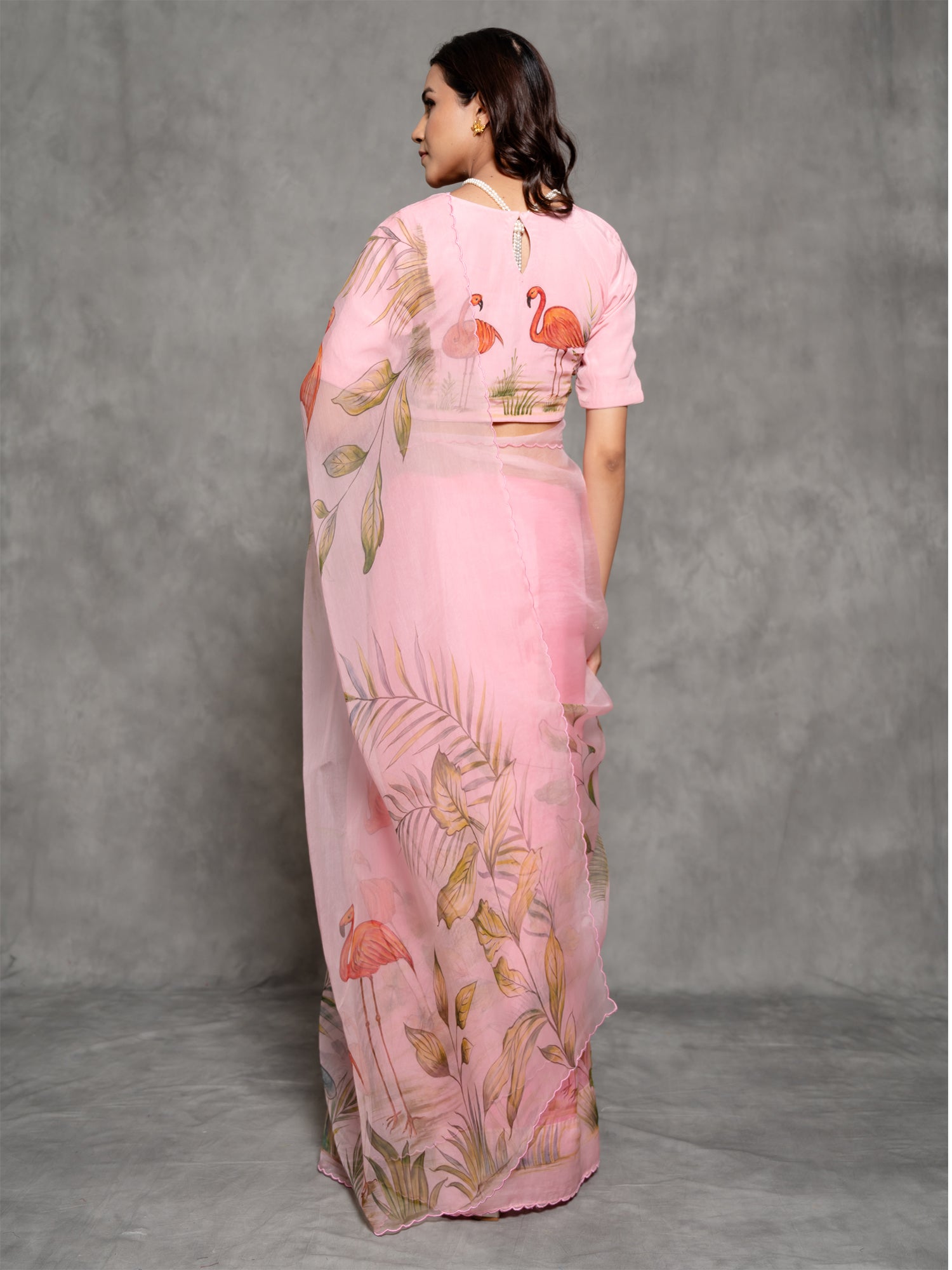 Baby Pink Handpainted Enriched Organza Saree