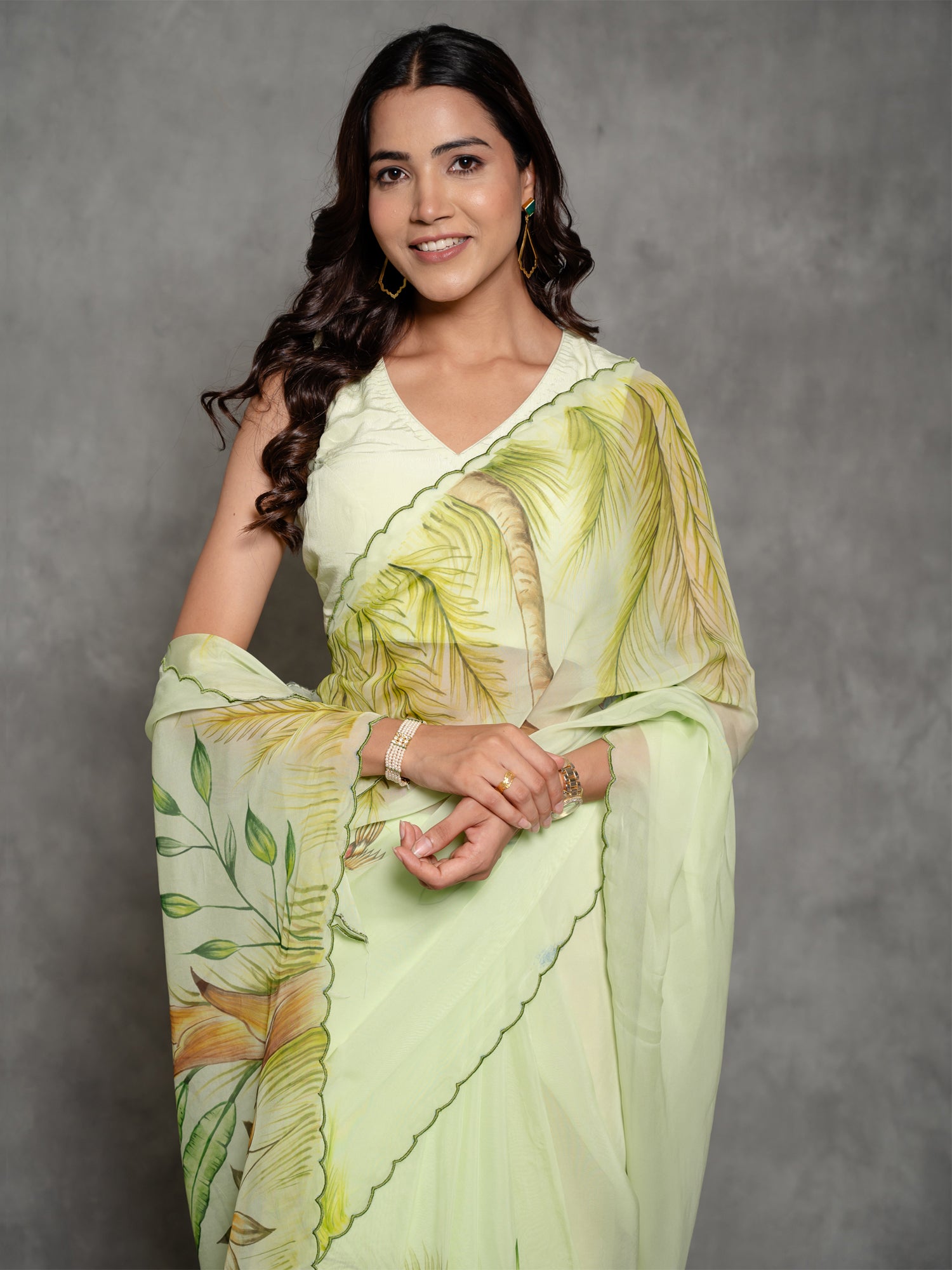 Pista Green Organza Handpainted Saree