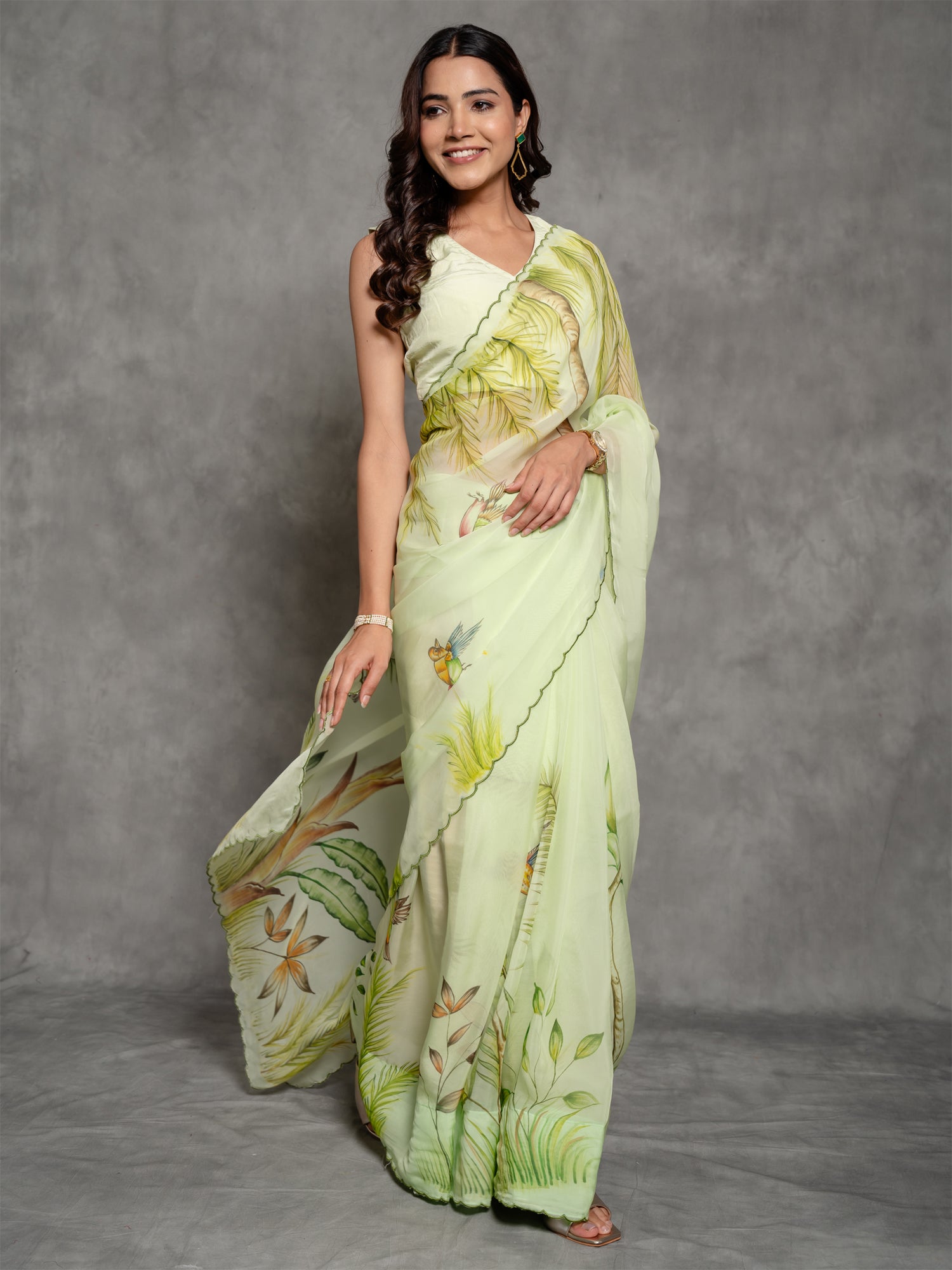 Pista Green Organza Handpainted Saree