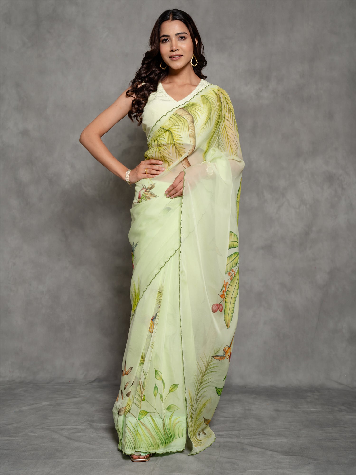 Pista Green Organza Handpainted Saree