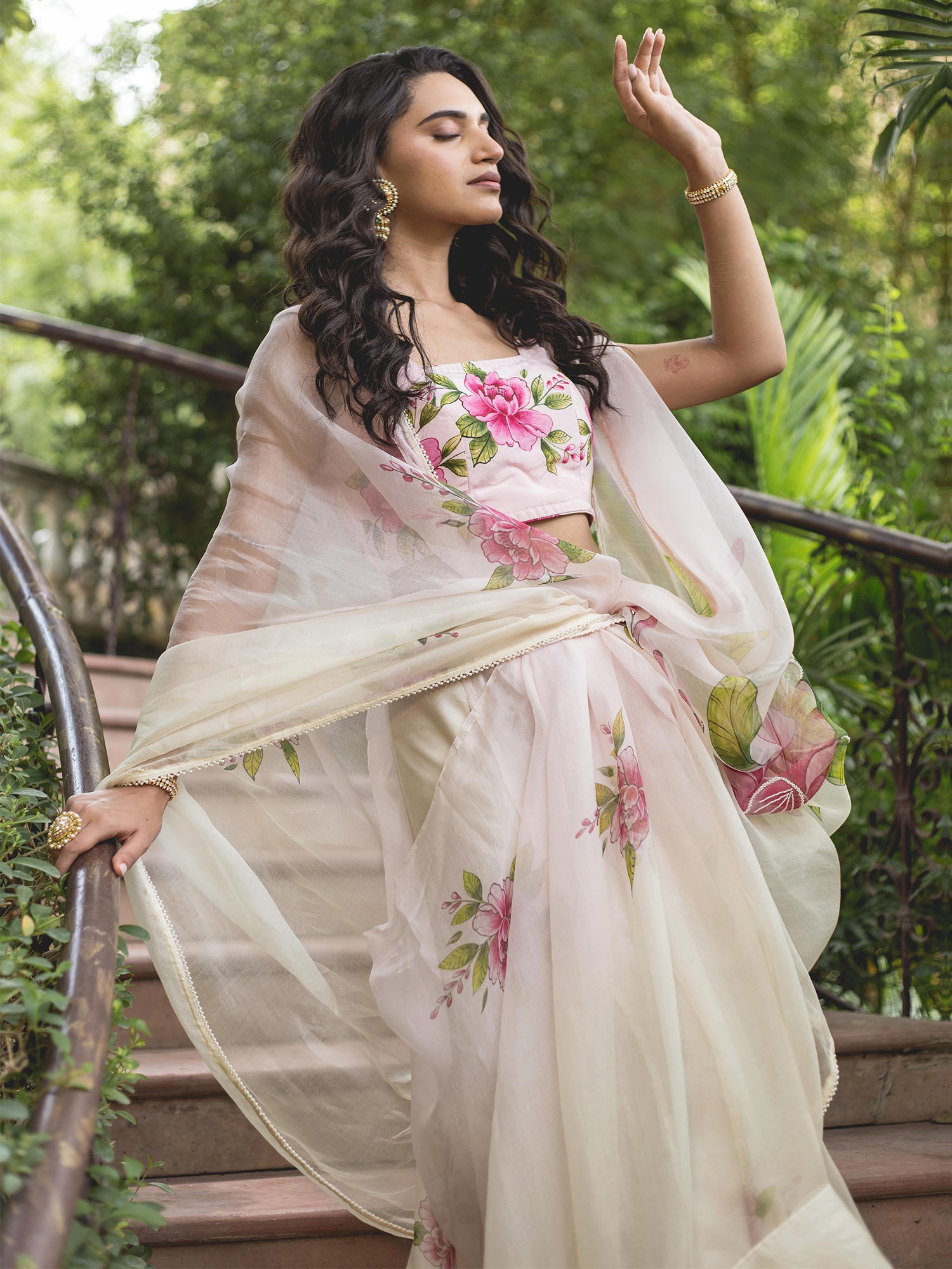 Shaded Baby Pink Pearl Work Organza Handpainted Saree