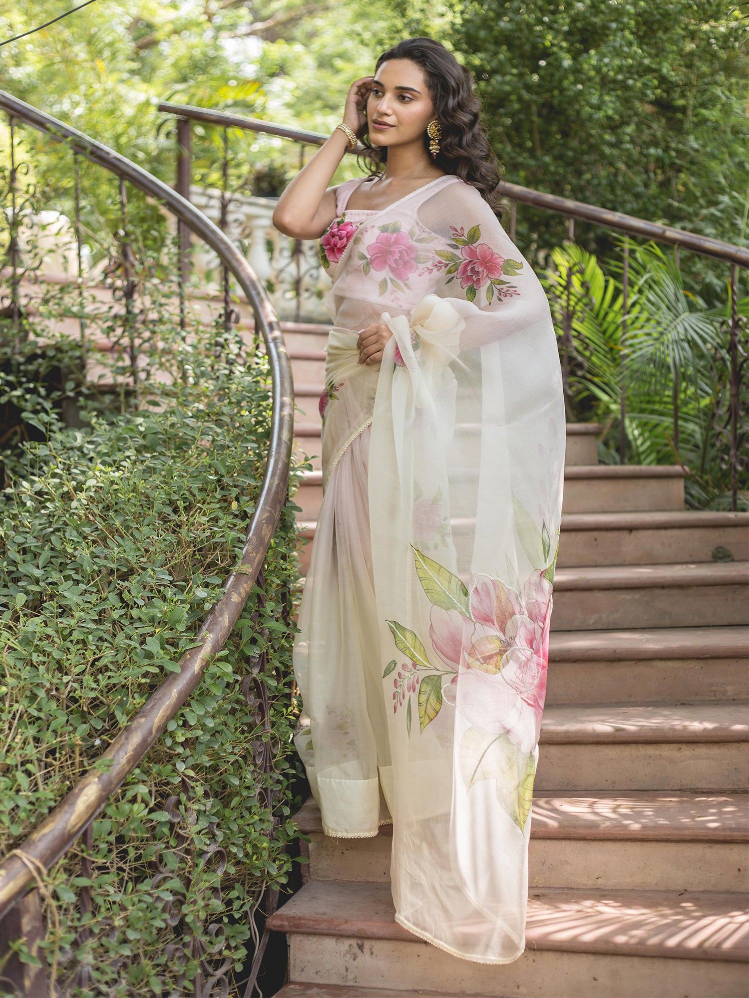 Shaded Baby Pink Pearl Work Organza Handpainted Saree