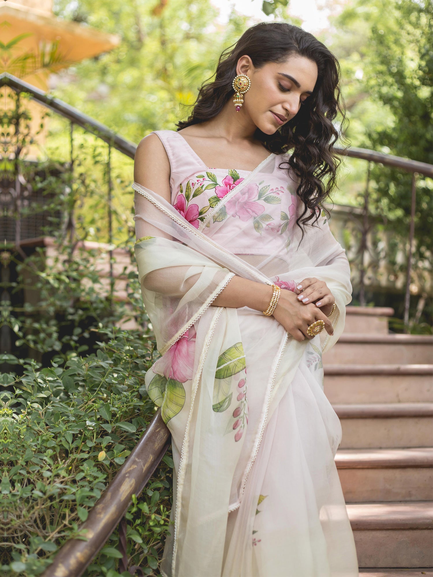 Shaded Baby Pink Pearl Work Organza Handpainted Saree