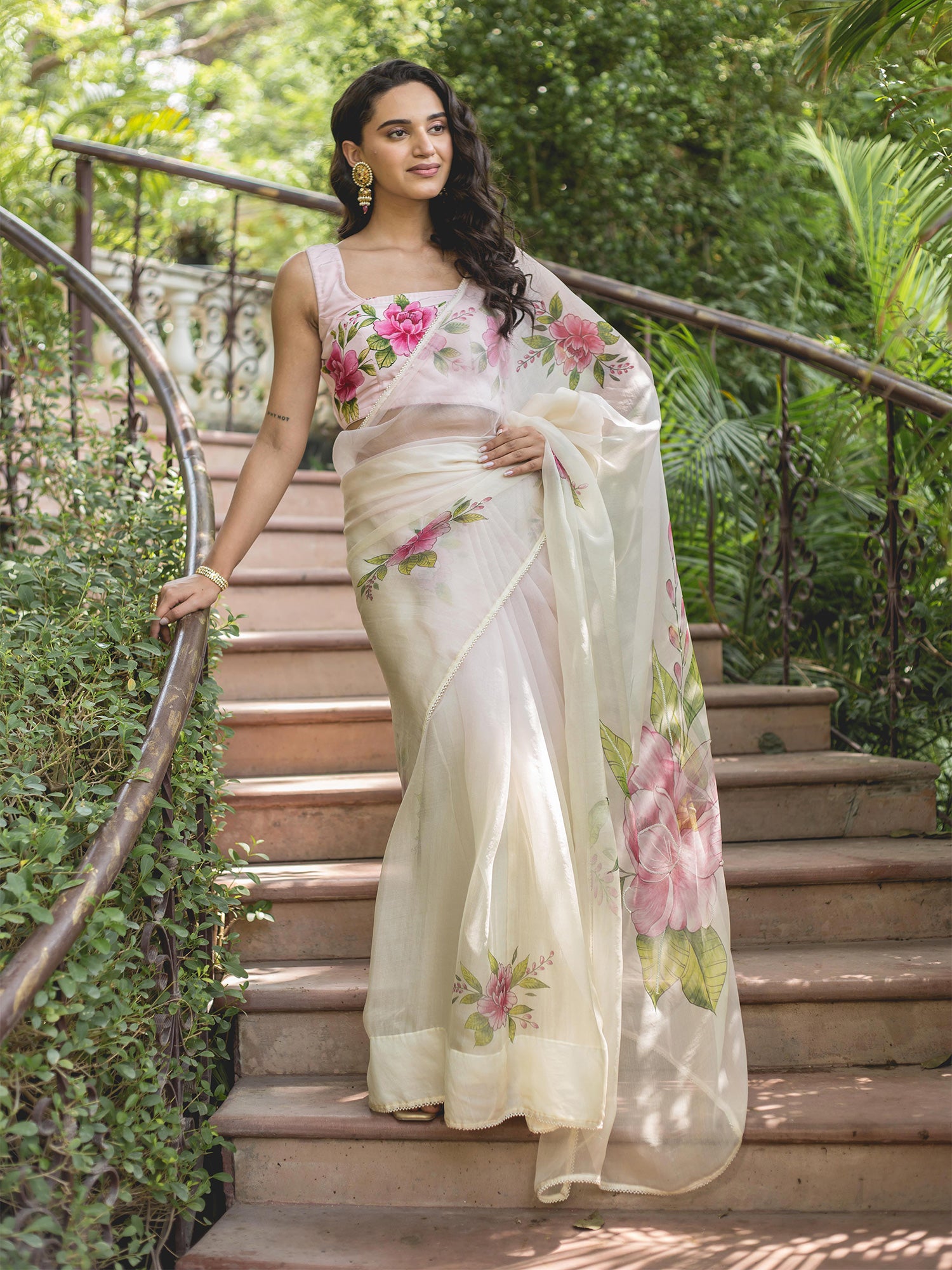 Shaded Baby Pink Pearl Work Organza Handpainted Saree