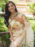 Dusty Beige Lotus Motifs Handpainted Organza Saree