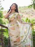 Dusty Beige Lotus Motifs Handpainted Organza Saree