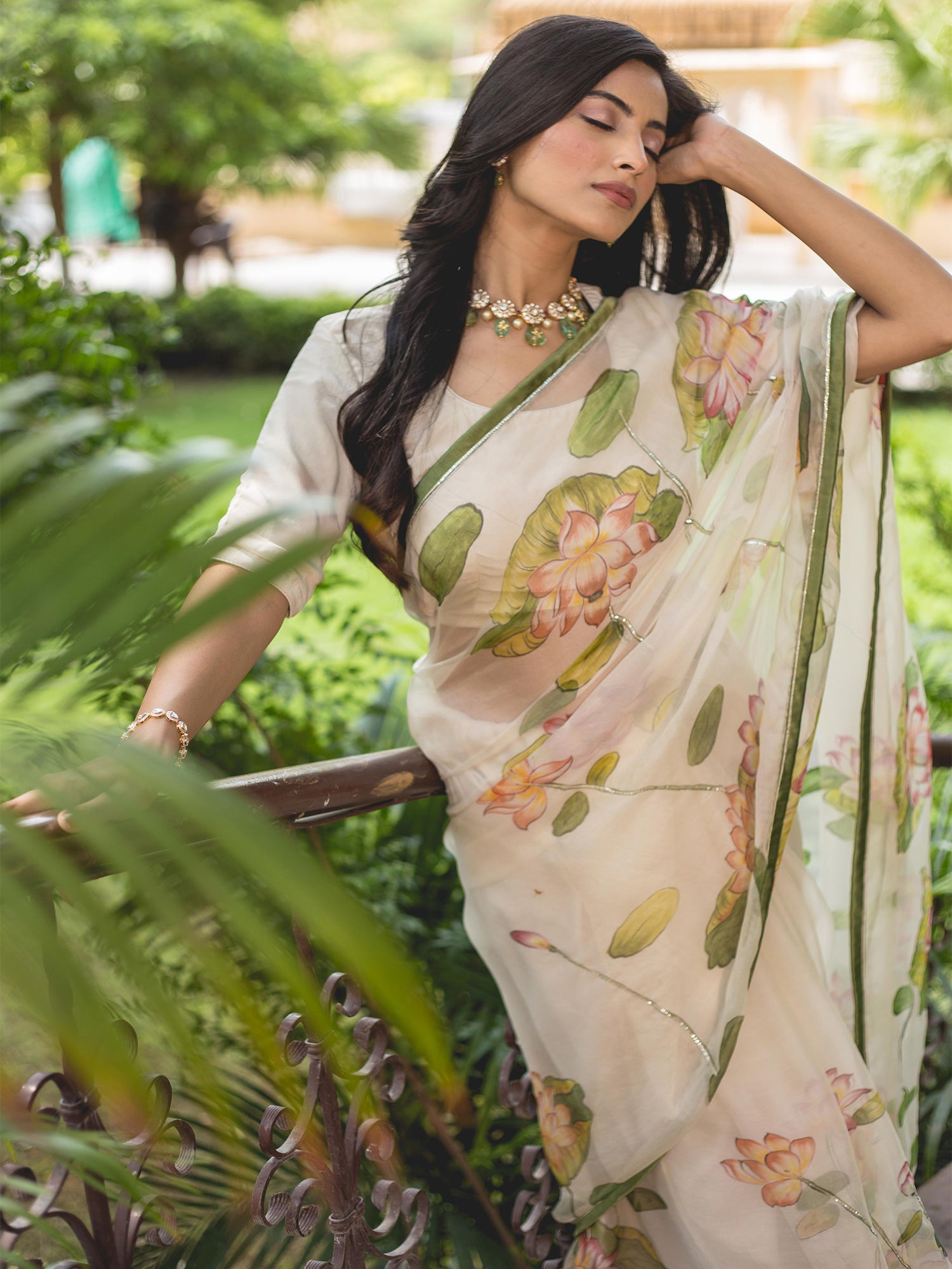 Dusty Beige Lotus Motifs Handpainted Organza Saree