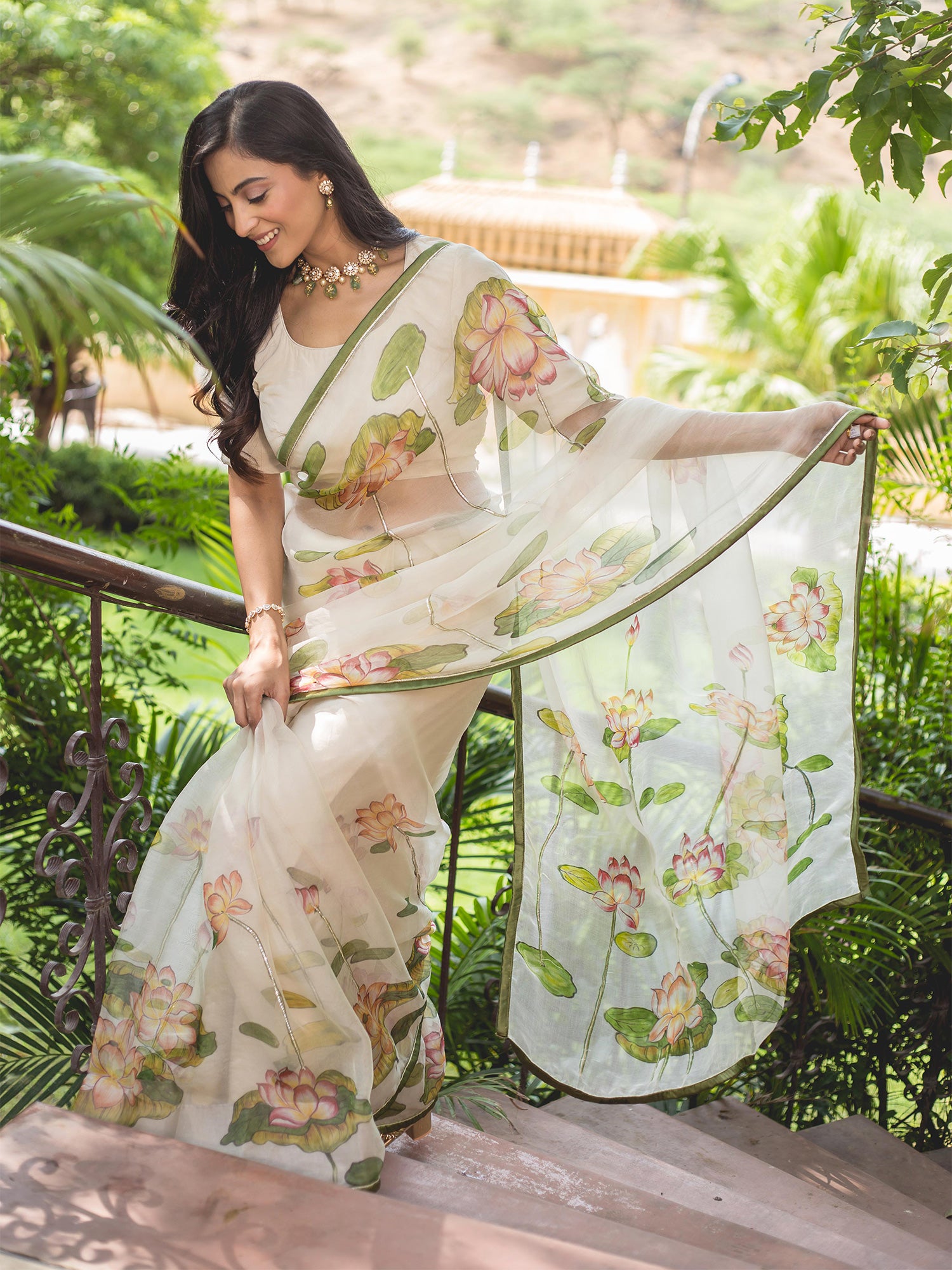 Dusty Beige Lotus Motifs Handpainted Organza Saree