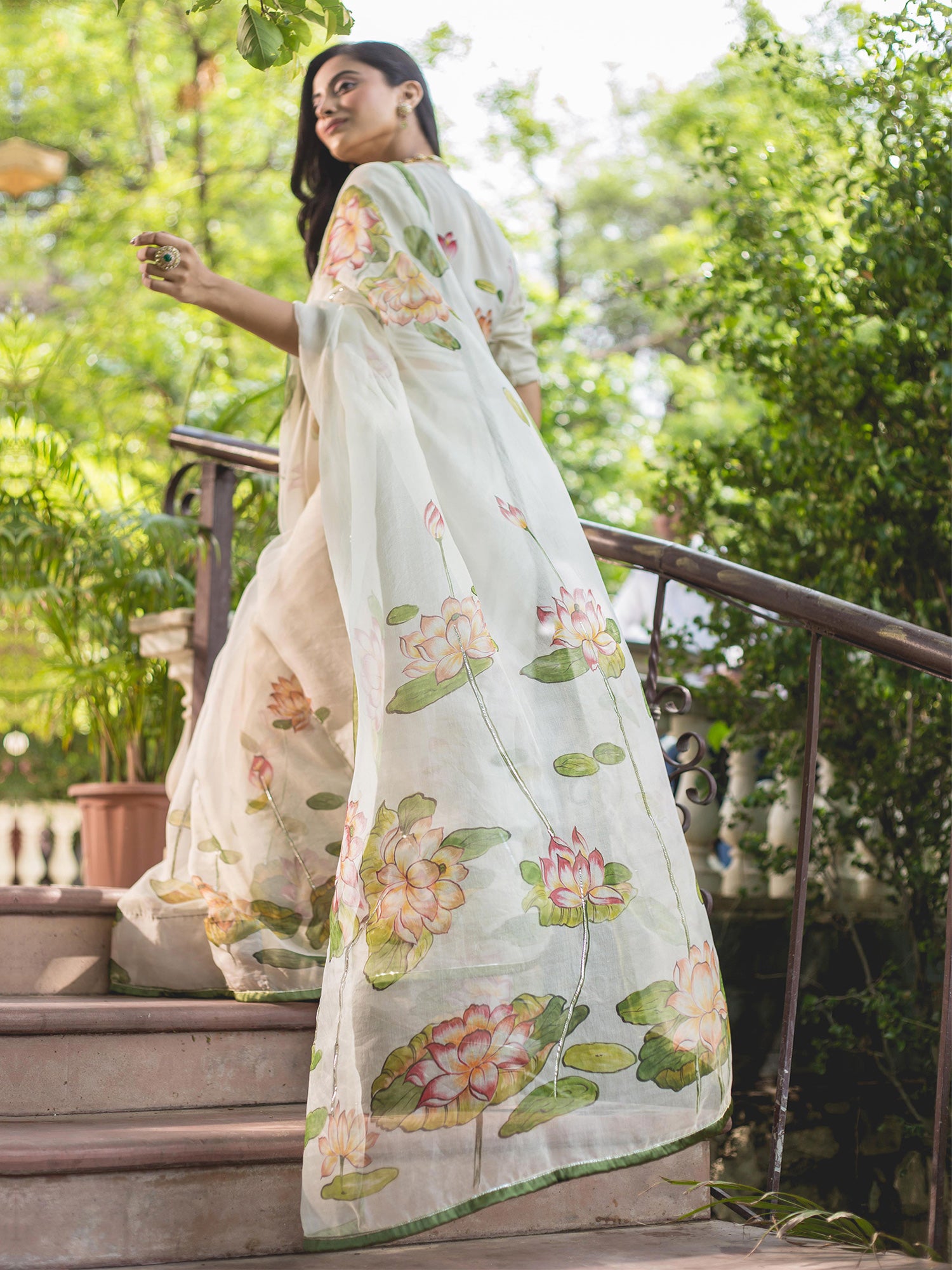 Dusty Beige Lotus Motifs Handpainted Organza Saree